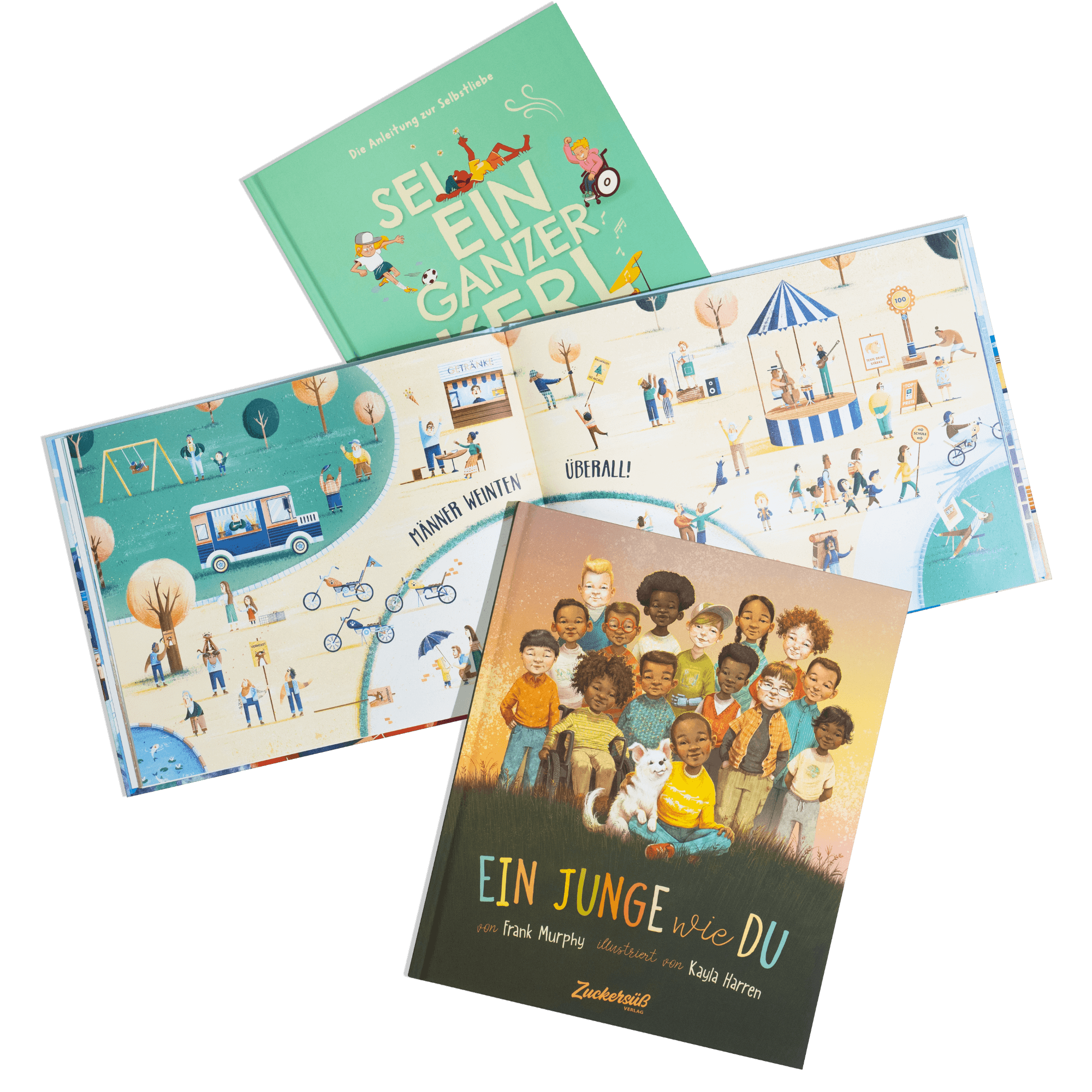 Drei Kinderbücher aus dem Zuckersüß Verlag werden gezeigt, darunter "Das Paket für starke Jungs". Zwei sind geschlossen, eines ist aufgeschlagen und zeigt illustrierte Seiten, die die Themen Empathie und Geschlechterrollen in lebendigen, spielerischen Illustrationen hervorheben.