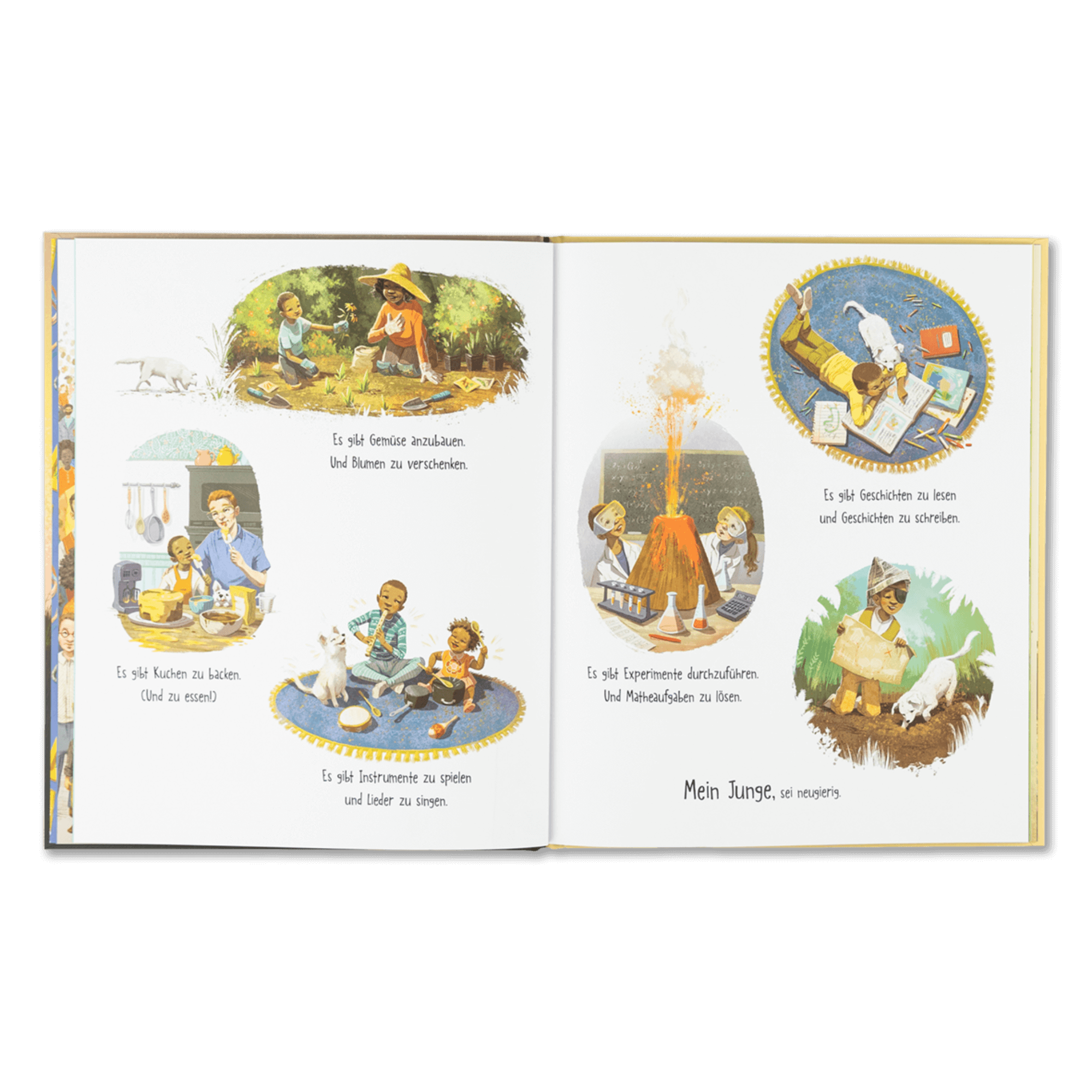 Doppelseite aus dem Bilderbuch „Ein Junge wie du“ von Frank Murphy, erschienen im „Das Paket für starke Jungs“ des Zuckersüß Verlags. Die bunten Illustrationen zeigen Jungen beim Gärtnern, Backen, Musizieren, Forschen, Schreiben und Spielen mit einem Hund. Jede Szene wird von Text begleitet und regt zum neugierigen Entdecken an.