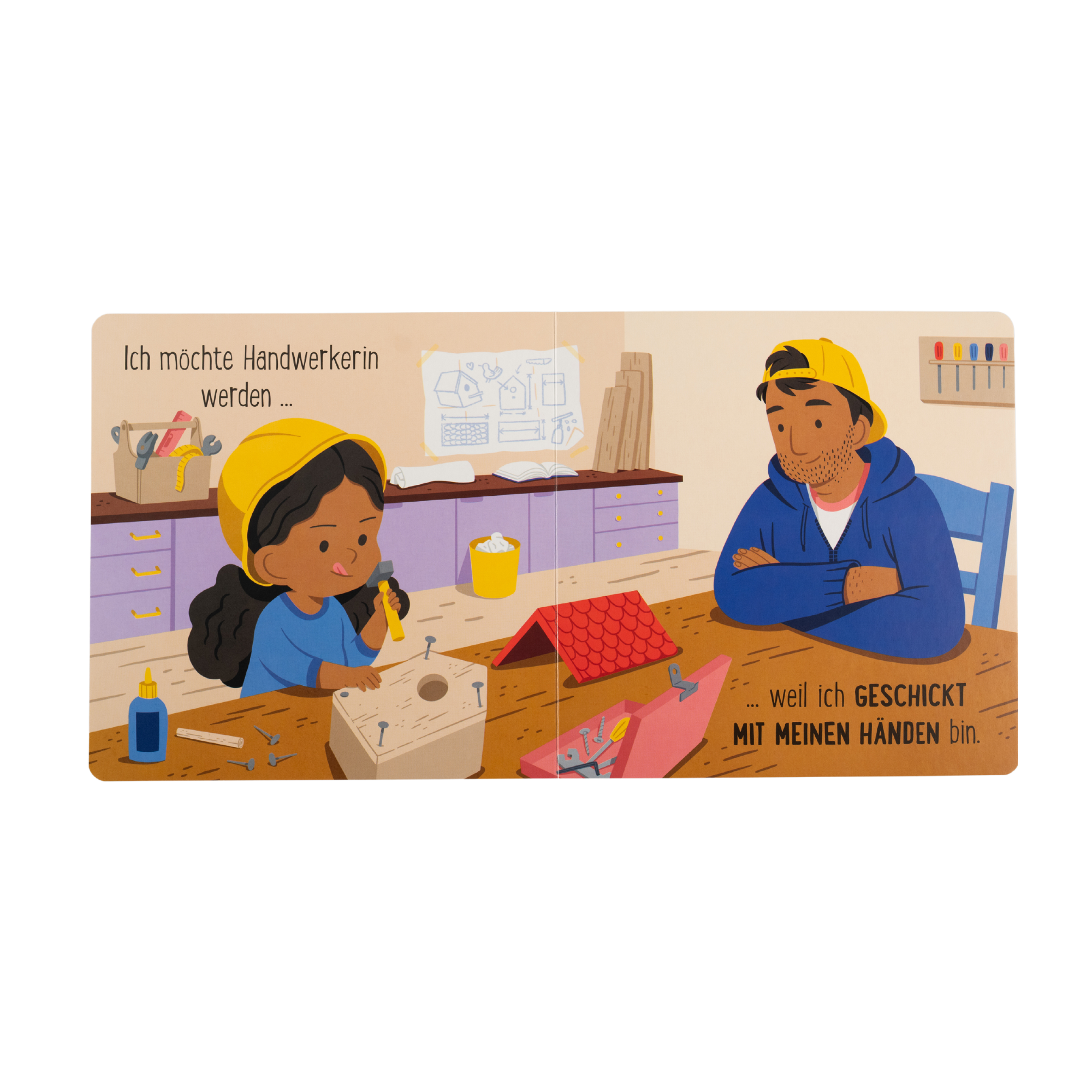 In "Berufe sind für alle da!" von Susann Hoffmann arbeitet ein Mädchen mit einem Schraubenzieher an einer Holzkiste, während eine weitere Person in der Nähe lächelt. Umgeben von Werkzeugen und Zeichnungen erkunden sie gemeinsam Berufe und hinterfragen Geschlechterrollen.