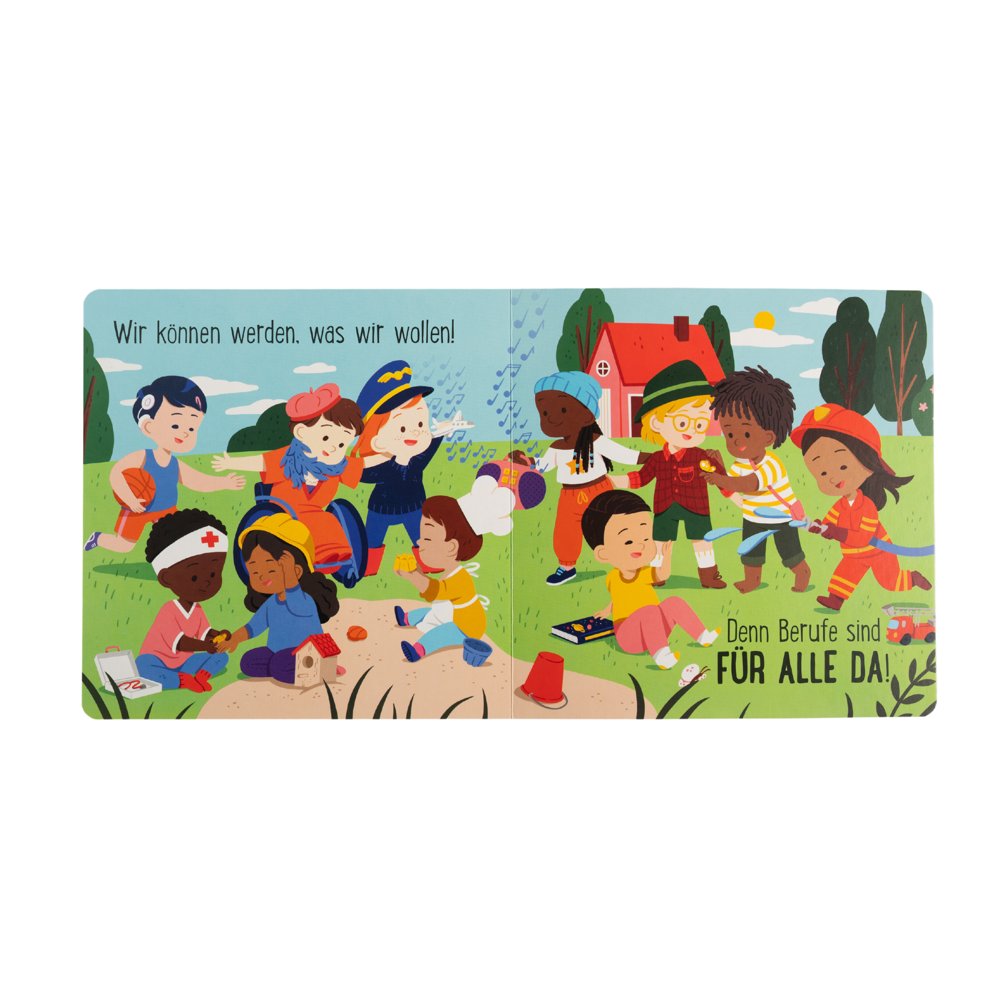 Berufe sind für alle da!" von Susann Hoffmann zeigt diverse Kinder in Kostümen wie Ärzt*in, Koch/Köchin und Künstler*in. Die Botschaft: Jede*r kann alles werden - Geschlechterrollen spielen keine Rolle!.