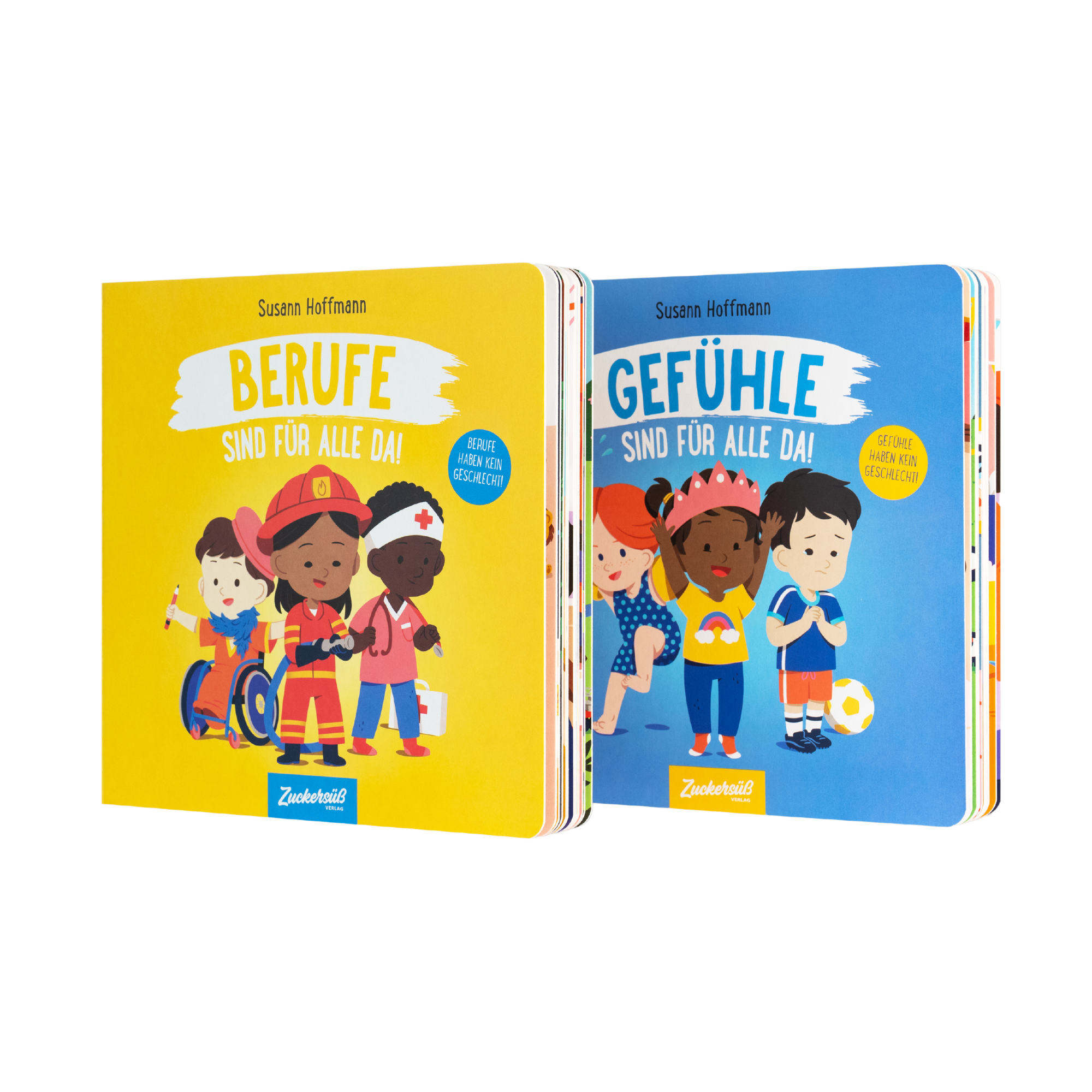 Zwei bunte Pappbilderbücher von Susann Hoffmann, "Berufe sind für alle da" und "Gefühle sind für alle da", zeigen vielfältige Cartoon-Kinder, thematisieren Diversität und hinterfragen Geschlechterrollen.