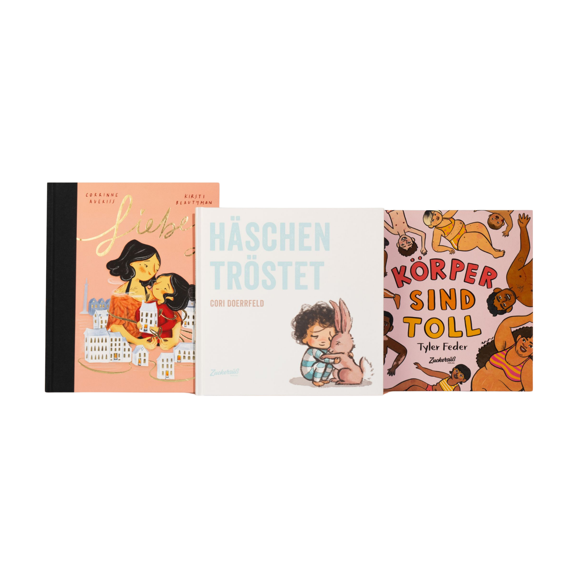 Drei illustrierte Kinderbücher aus dem "Das Kennlern-Paket" des Zuckersüß Verlags stehen aufrecht da und haben lebendige Cover. Die deutschen Titel - "Liebst du mich?", "Häschen tröstet" und "Körper sind toll" - werben bei jungen Lesern für ein positives Körpergefühl.