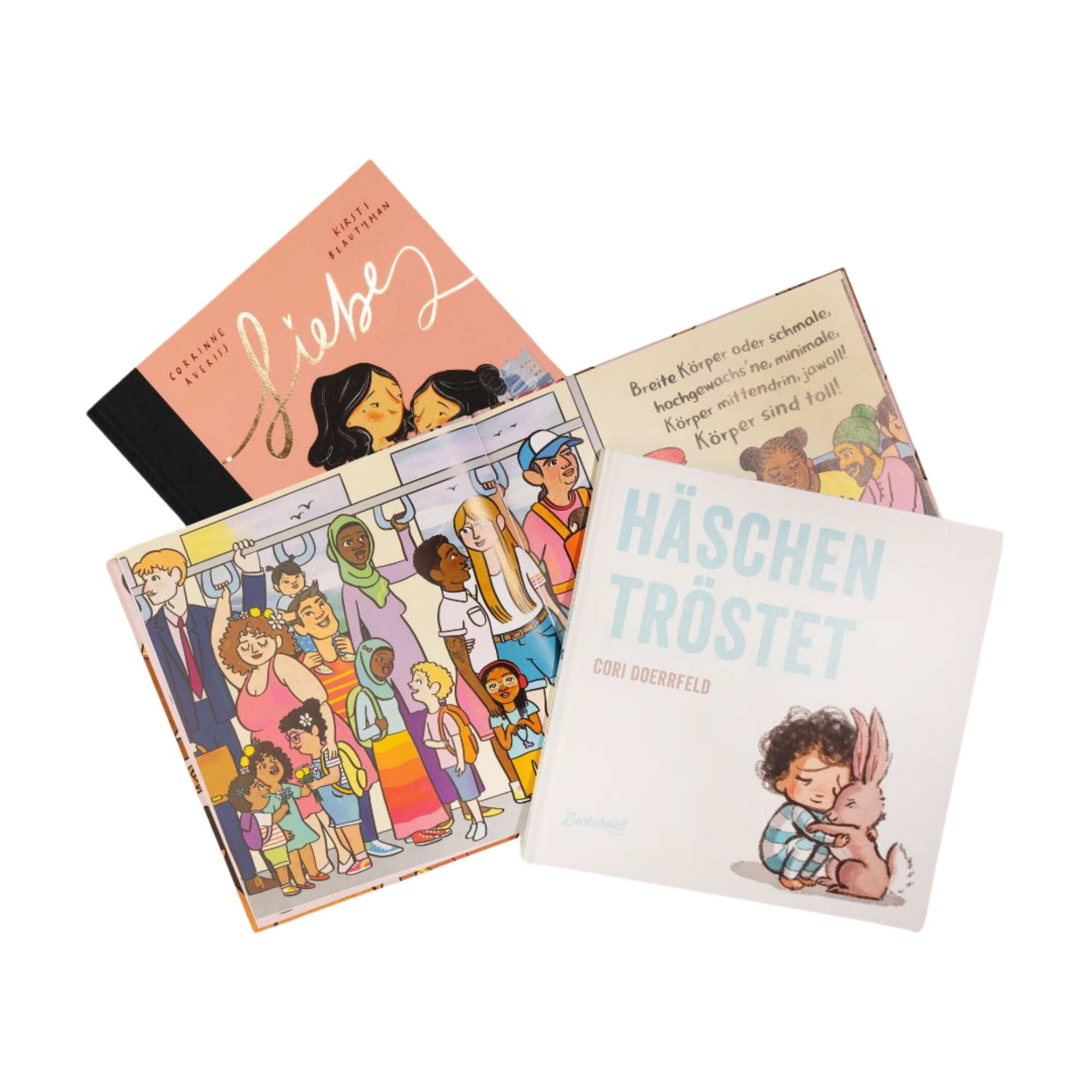 Vier Kinderbücher aus dem Das Kennlern-Paket des Zuckersüß Verlags, jedes mit illustriertem Einband, stellen verschiedene Charaktere und Themen wie Freundlichkeit, Gemeinschaft, Trost und Körperbewusstsein vor. Die Bestseller-Titel sind hauptsächlich auf Deutsch.