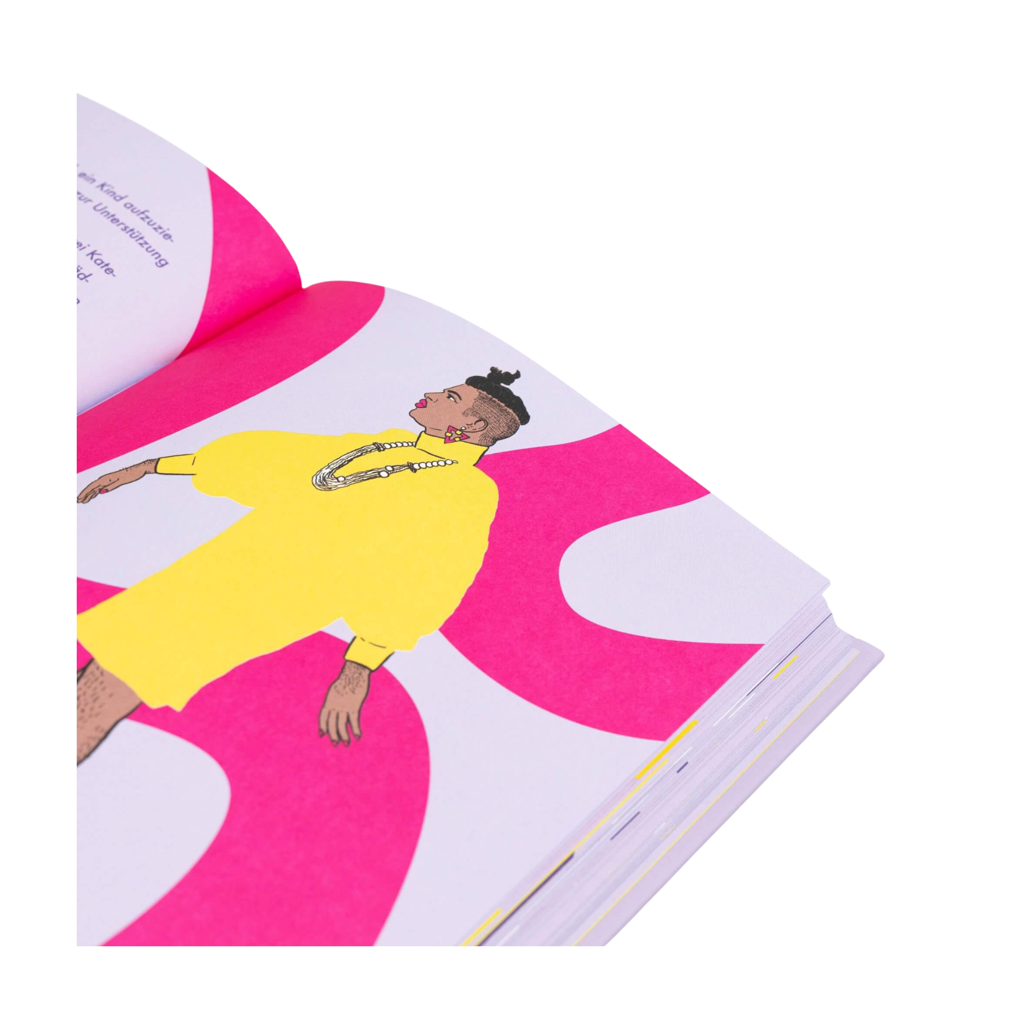 Ein aufgeschlagenes Exemplar von "Mehr als binär" von Alok Vaid-Menon zeigt eine Illustration einer geschlechtsuntypischen Person mit kurzen Haaren und Schmuck in einem leuchtend gelben Outfit vor einem abstrakten rosa-weißen Hintergrund.