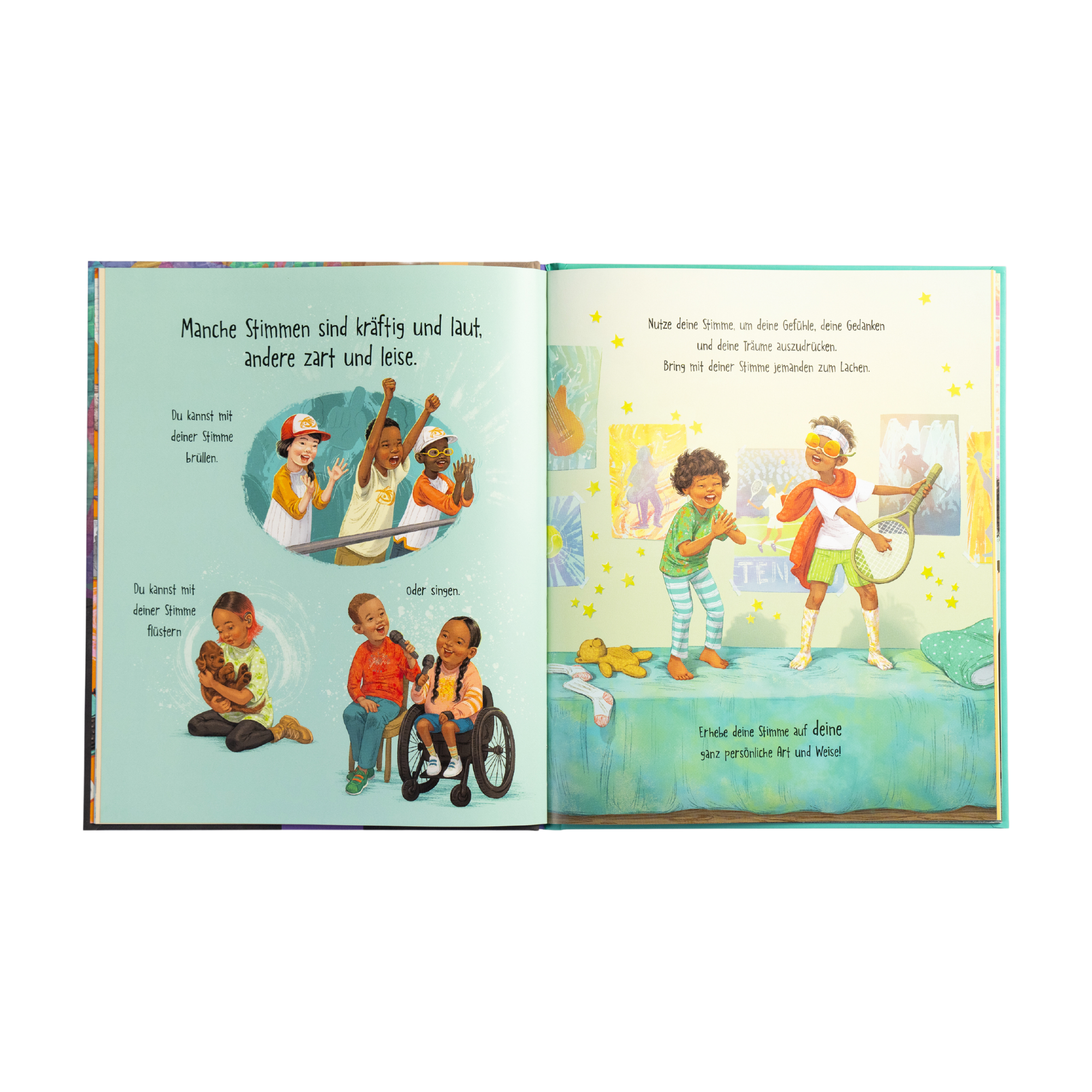 Das aufgeschlagene Kinderbuch "Eine Stimme wie deine" von Frank Murphy und April Groman zeigt lebendige Illustrationen von verschiedenen Kindern, die singen, tanzen und musizieren - darunter auch ein Kind im Rollstuhl - und dabei freudig Kommunikation zum Ausdruck bringen. Der Text befindet sich auf beiden Seiten.