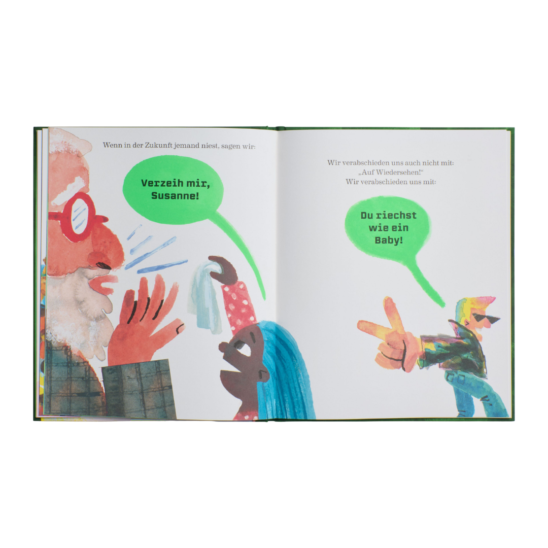 Illustration aus „Das Buch aus der Zukunft“ vom Zuckersüß Verlag: Ein älterer Mann mit grauem Bart und Brille reicht einem Mädchen ein blaues Tuch, während sie sich in grünen Sprechblasen auf Deutsch unterhalten. Die weiße Buchseite ist voller lebhafter Figuren, die den fantasievollen Geist eines Mac-Barnett-Bilderbuchs einfangen und gleichzeitig auf die Zukunft des Kinderbuchs anspielen.