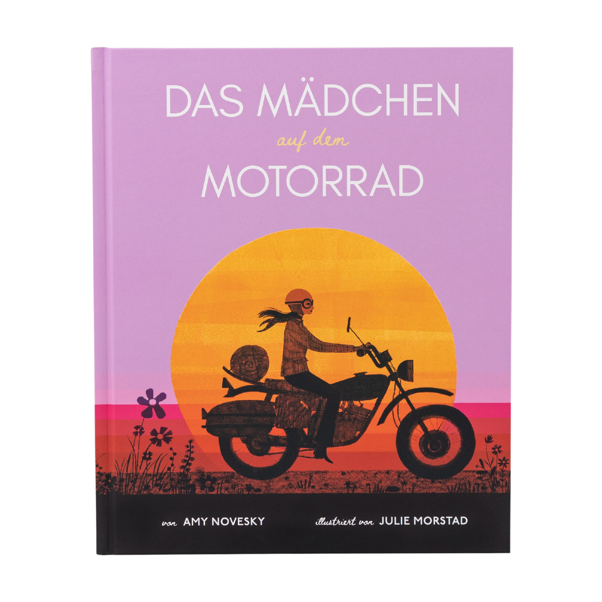 Das Mädchen auf dem Motorrad von Amy Novesky zeigt ein lila-oranges Sonnenuntergangs-Cover mit einem Mädchen auf einem Motorrad und deutet damit auf ein biografisches Bilderbuch an, das von Anne-France Dautheville inspiriert ist.