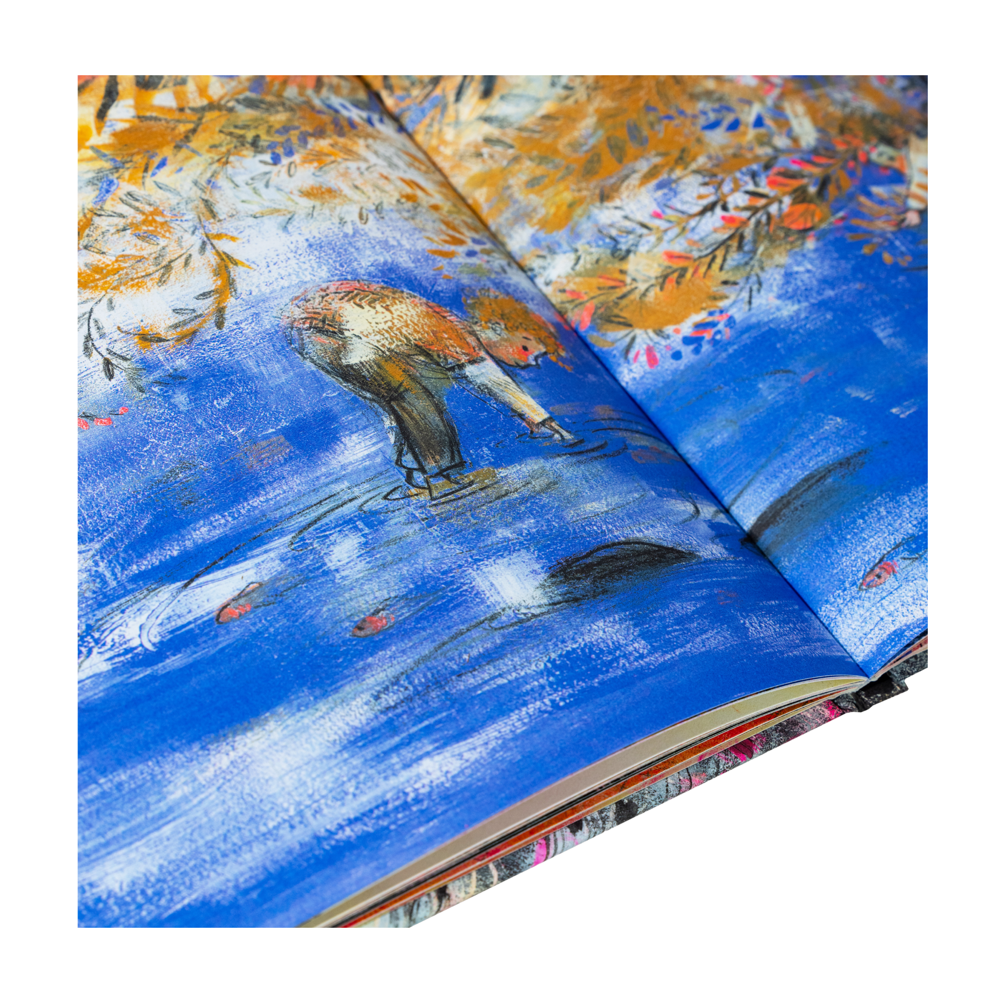 Eine illustrierte Seite aus "Der Baum in mir" von Corinna Luyken zeigt ein Kind, das im seichten Wasser unter bunten Ästen steht.