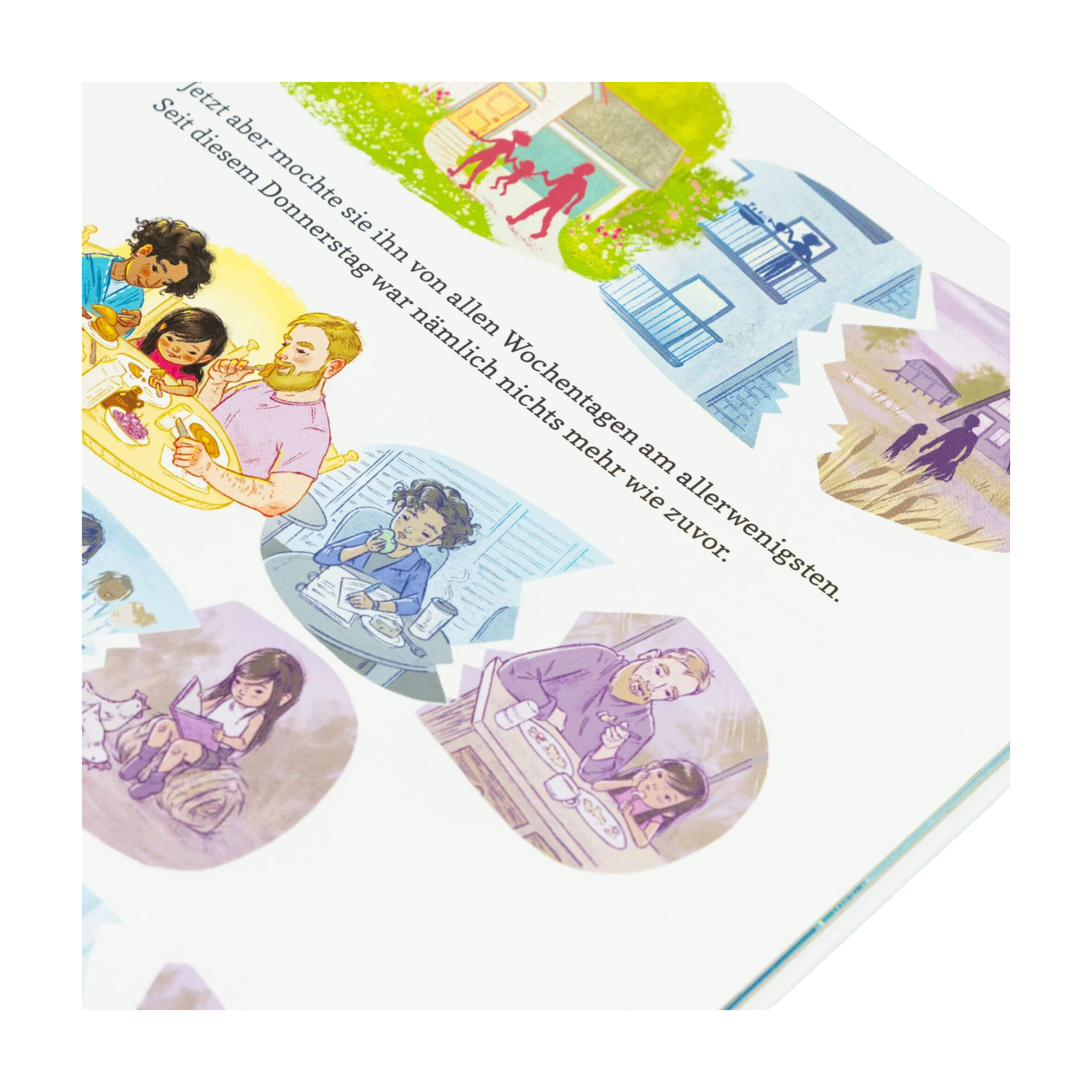 Eine Seite aus Ann Bonwills "Donnerstag", einem Kinderbuch mit lebhaften Illustrationen von Familien beim Essen, Lesen, Spielen und Zusammensein - und einem Plüsch-Einhorn für Freundschaft.