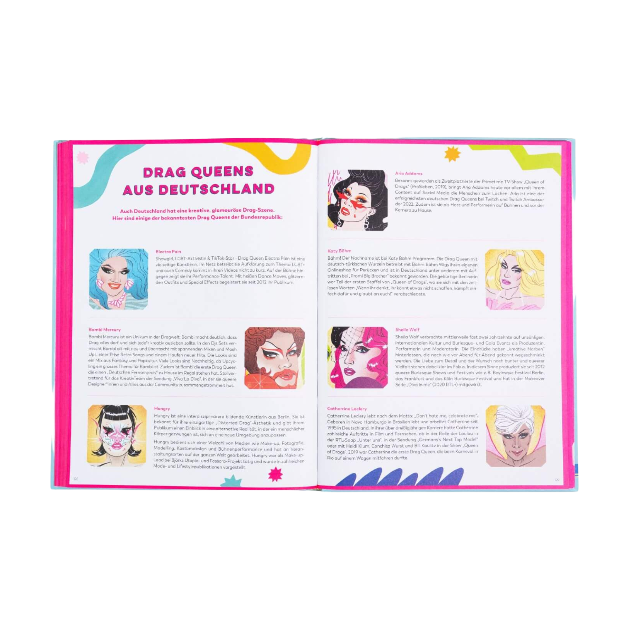 Drag ist Kunst" von Jake Hall zeigt eine lebhafte Doppelseite mit dem Titel "Drag Queens aus Deutschland", auf der sechs illustrierte deutsche Drag Ikonen mit Kurzbiografien vorgestellt werden, die von Shows wie RuPaul's Drag Race inspirierte Drag-Kunst zelebrieren.