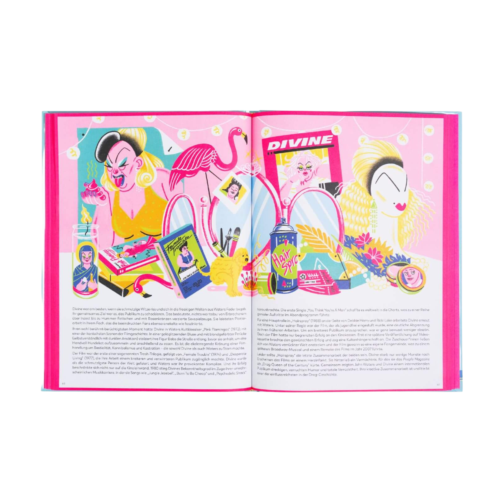 Das aufgeschlagene Buch "Drag ist Kunst" von Jake Hall zeigt zwei Drag Ikonen, die sich an verspiegelten Waschbecken mit Kosmetika, einem Flamingo und leuchtenden rosa, gelben und blauen Akzenten schminken. Unter jeder Illustration steht ein Text.