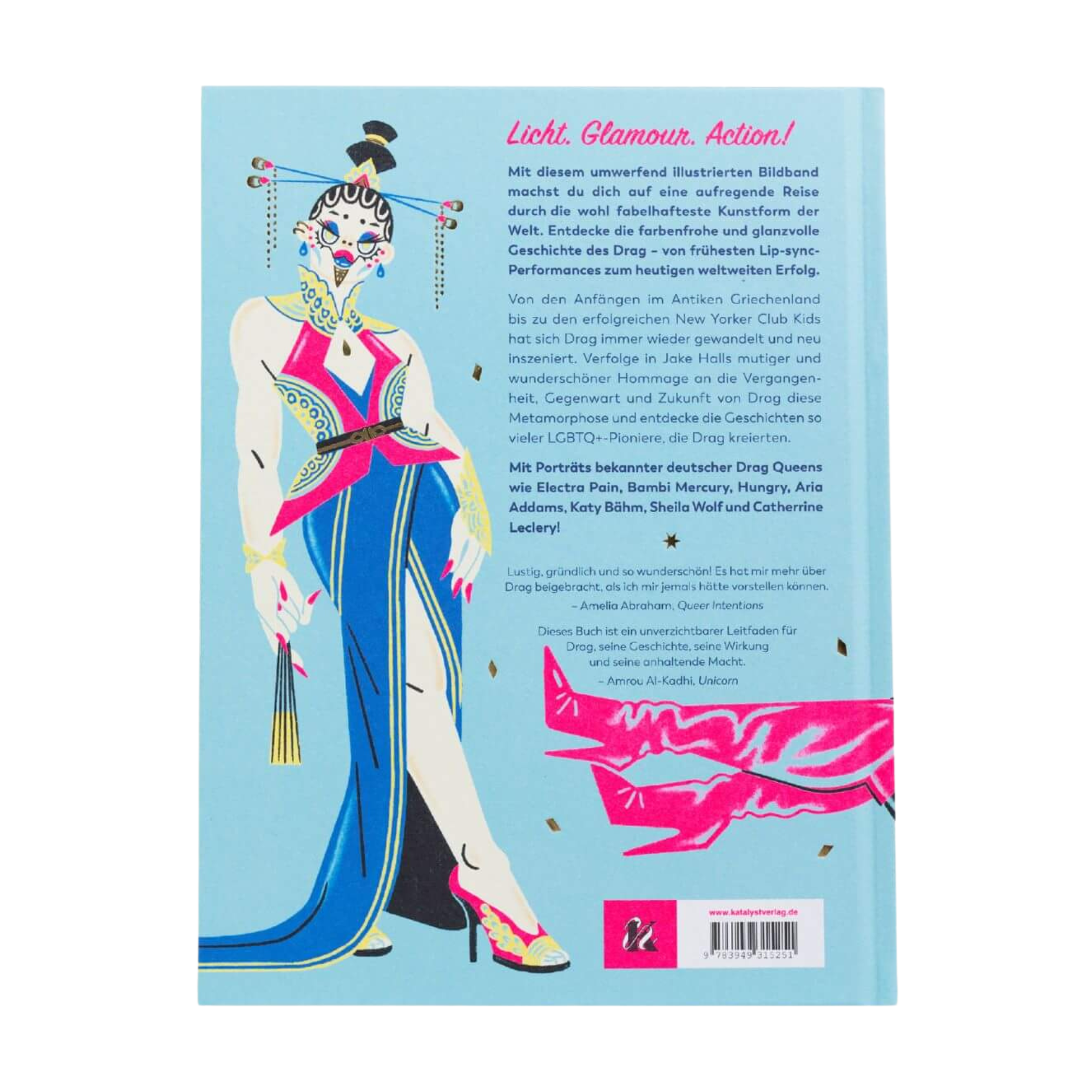 Die Rückseite von "Drag ist Kunst" von Jake Hall zeigt eine illustrierte Drag-Ikone in einem dramatischen blau-rosa Kleid mit Schmuck und Make-up. Der deutsche Text erforscht die Drag-Kultur, einschließlich RuPaul's Drag Race, mit rosa Akzenten und einem stilisierten rosa Tier.