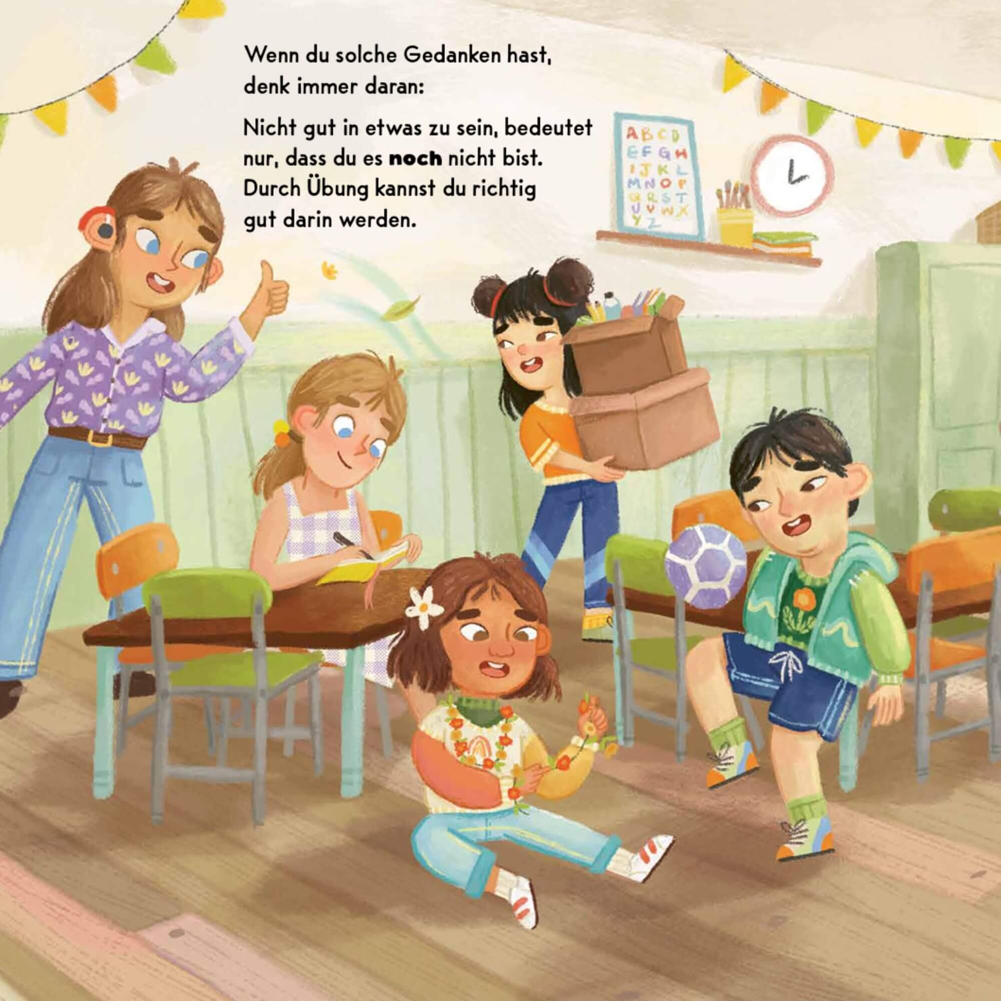 Eine fröhliche Szene im Klassenzimmer zeigt vier glückliche Kinder, die mit einer lächelnden Lehrerin in der Nähe interagieren. Inspiriert von Jessica Sanders' "Ich bin genau richtig", ermutigt es zur Selbstliebe und erinnert uns daran, dass Meisterschaft Zeit braucht.