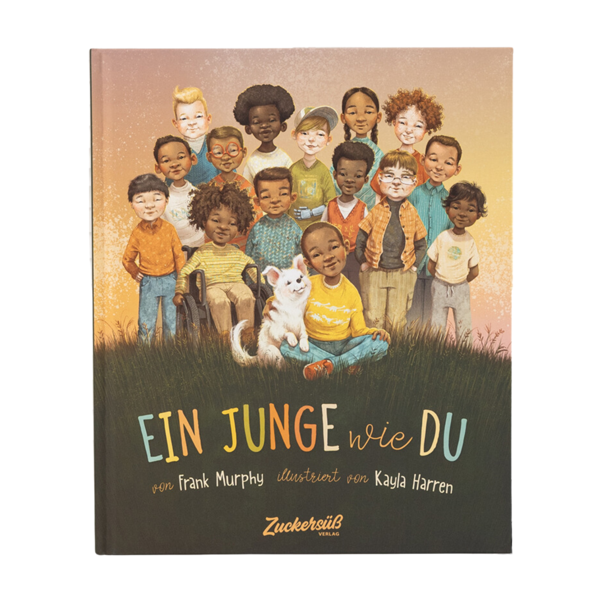 Das Cover von „Ein Junge wie du" von Frank Murphy zeigt eine Gruppe lächelnder Kinder und eine weiße Katze auf einer Wiese unter einem goldenen Himmel, mit dem Titel und dem Namen des Autors am unteren Rand.
