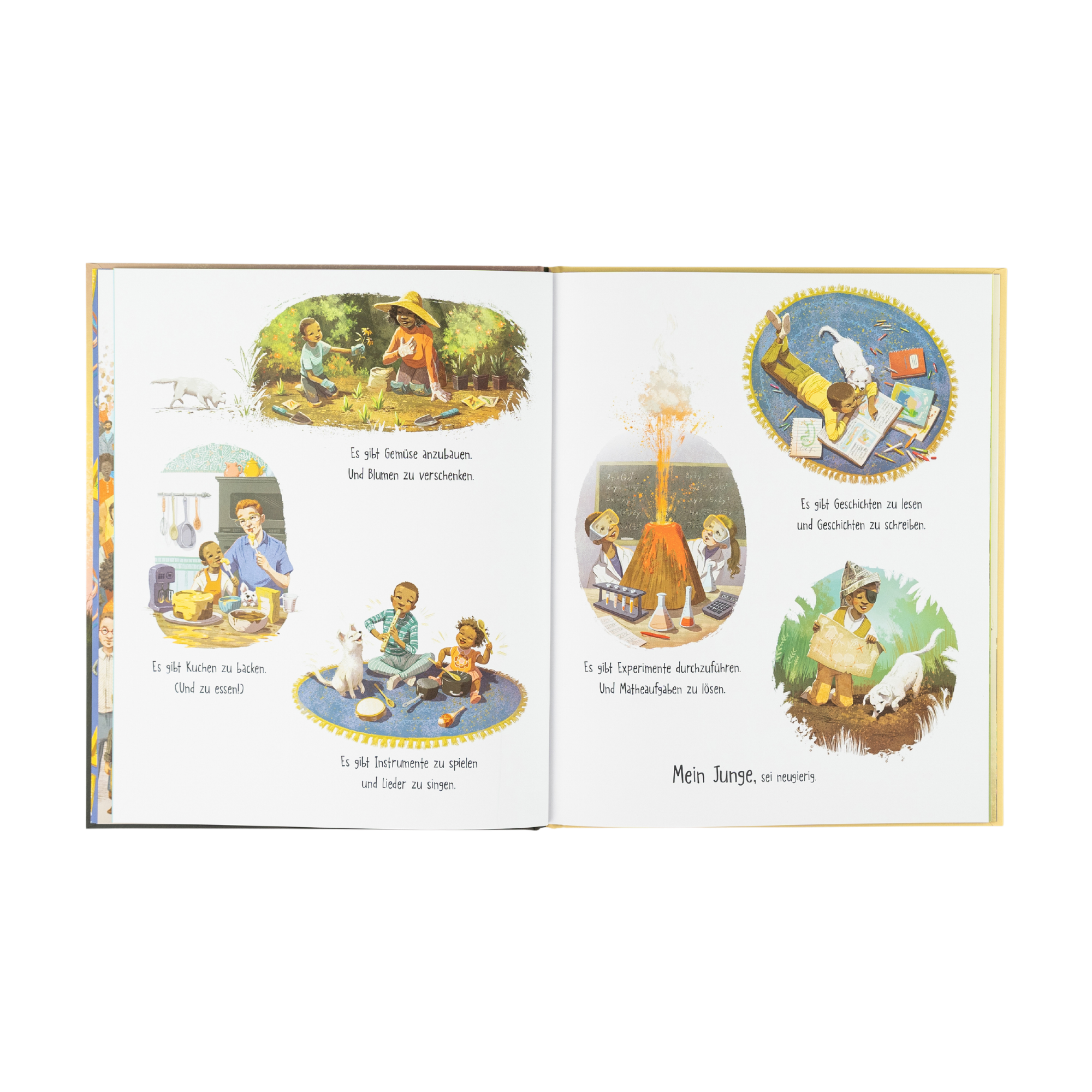 Ein Junge wie du" von Frank Murphy ist ein Kinderbuch mit farbenfrohen Illustrationen, die ein Kind und seinen Vater zeigen, die authentisch Gitarre spielen, sich verkleiden, lesen und die Natur erkunden. Jede lebendige Szene ist mit Text versehen.