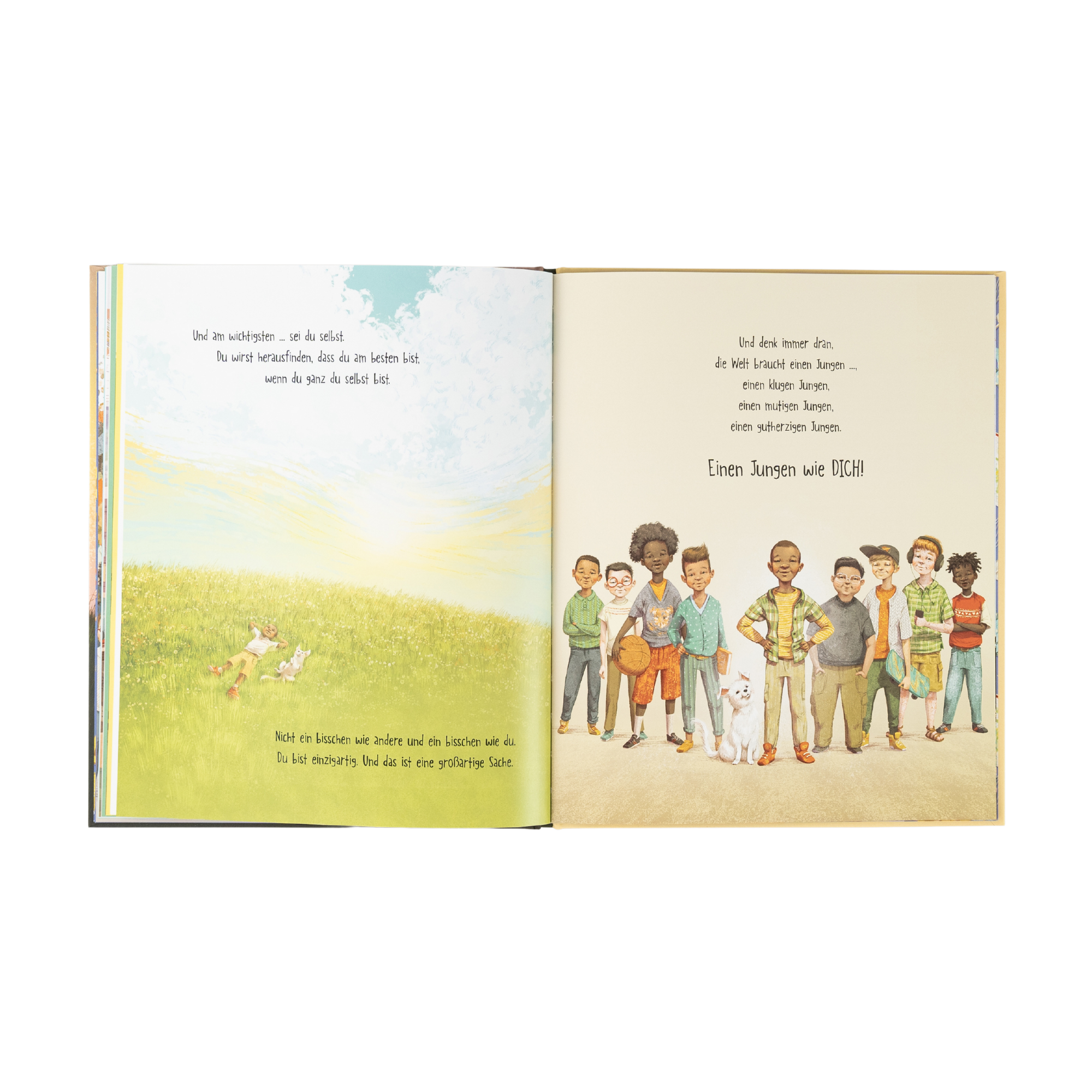 Das aufgeschlagene Kinderbuch „Ein Junge wie du“ von Frank Murphy zeigt auf der linken Seite ein Kind mit einem Hund auf einer Wiese, auf der rechten eine vielfältige Gruppe von Jungen mit Hund. Darüber steht ein deutschsprachiger Text.