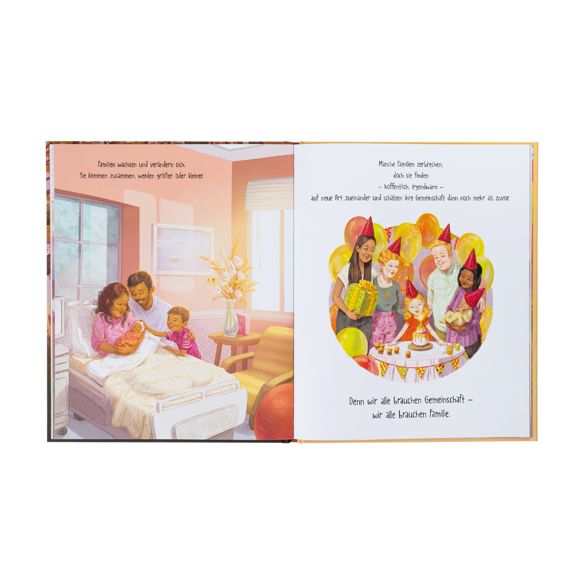 "Eine Familie wie unsere" von Frank Murphy und Alice Lee ist ein illustriertes Bilderbuch auf Deutsch: Es zeigt eine Mutter im Krankenhausbett mit ihrem Baby, daneben feiern verschiedene Kinder mit Ballons und Kuchen.