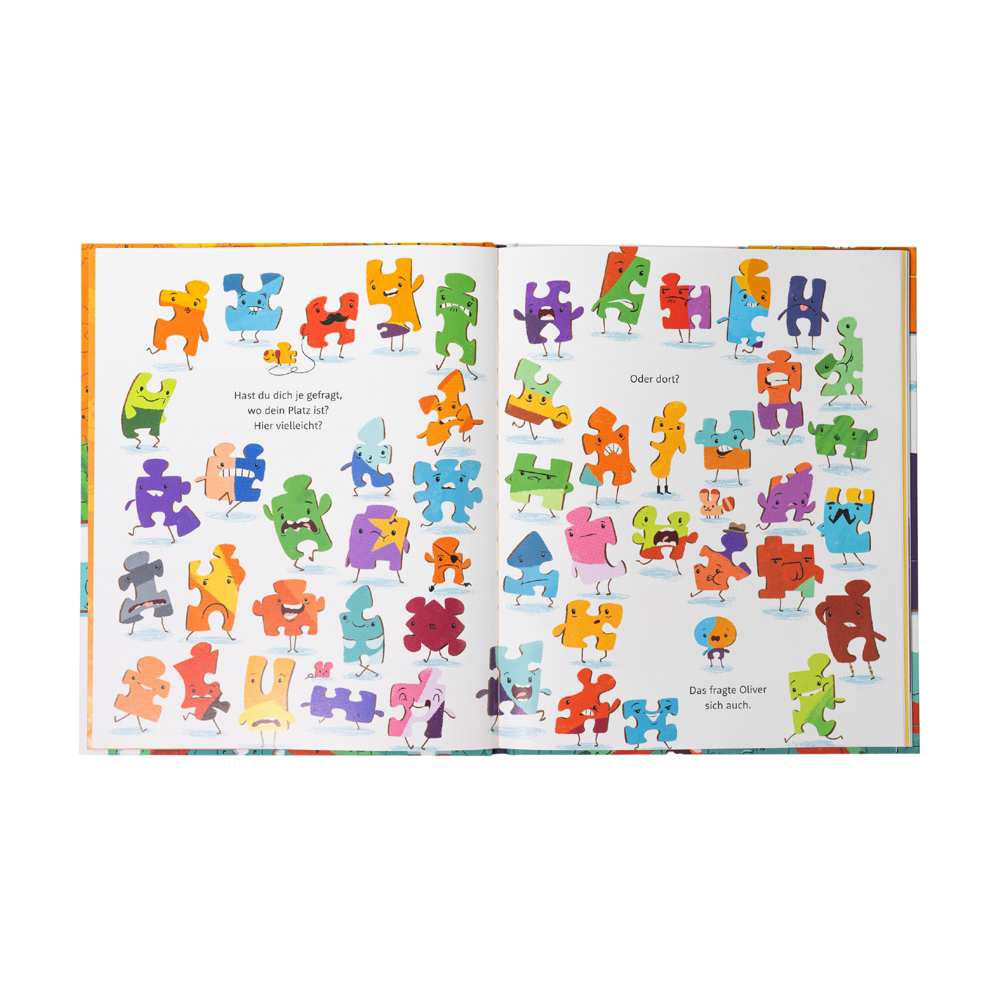 Doppelseite aus dem Kinderbuch „Einzigartig“ von Cale Atkinson: Zahlreiche bunte Puzzleteil-Figuren mit Gesichtern und Armen stehen verteilt auf weißem Hintergrund. In der Mitte steht der Text: „Hast du dich je gefragt, wo dein Platz ist? Hier vielleicht? Oder dort? Das fragte Oliver sich auch.“