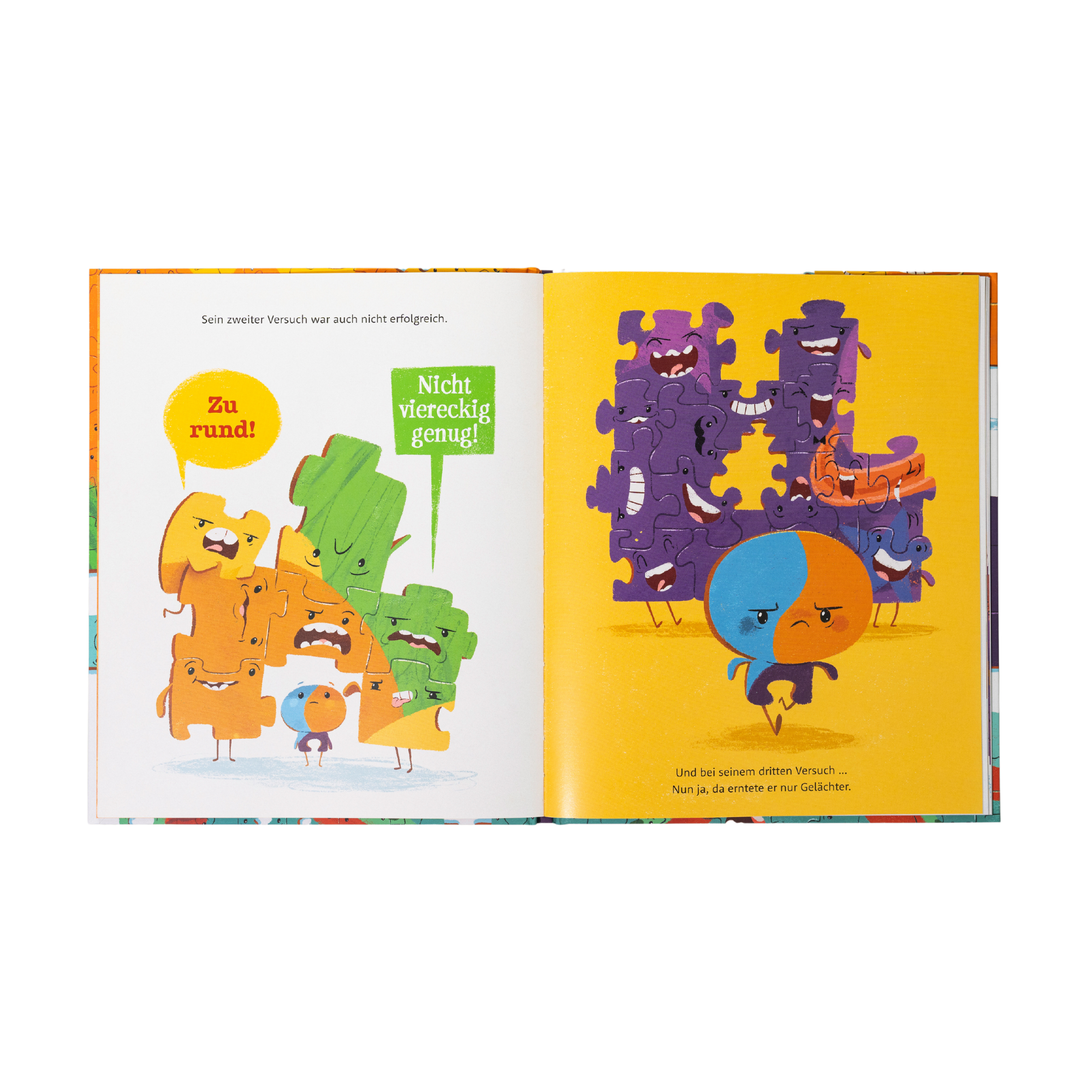 Ein illustriertes Kinderbuch, "Einzigartig" von Cale Atkinson, zeigt Puzzleteile mit Gesichtern - orange und grün argumentieren "Zu rund!" und "Nicht quadratisch genug!", während andere einzigartige Figuren trotz ihrer Frustrationen Selbstvertrauen zeigen.