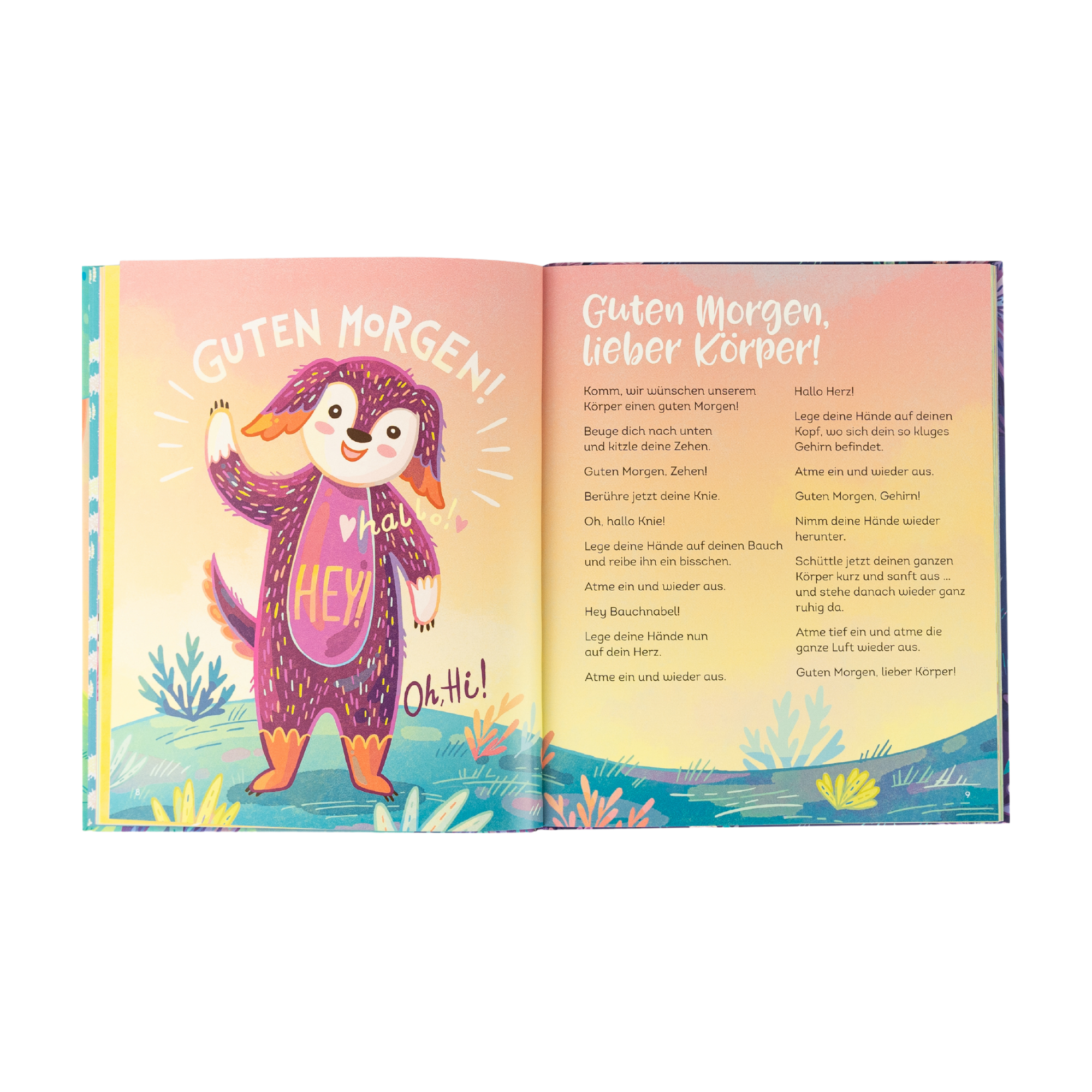 Eine illustrierte Doppelseite aus "Entspannt wie ein Panda" von Kira Willey zeigt einen fröhlichen Hund, der mit "Guten Morgen!" auf der linken Seite und spielerischen Sätzen winkt. Auf der rechten Seite findet sich ein Morgengedicht sowie einfache Achtsamkeitsübungen für Kinderyoga.