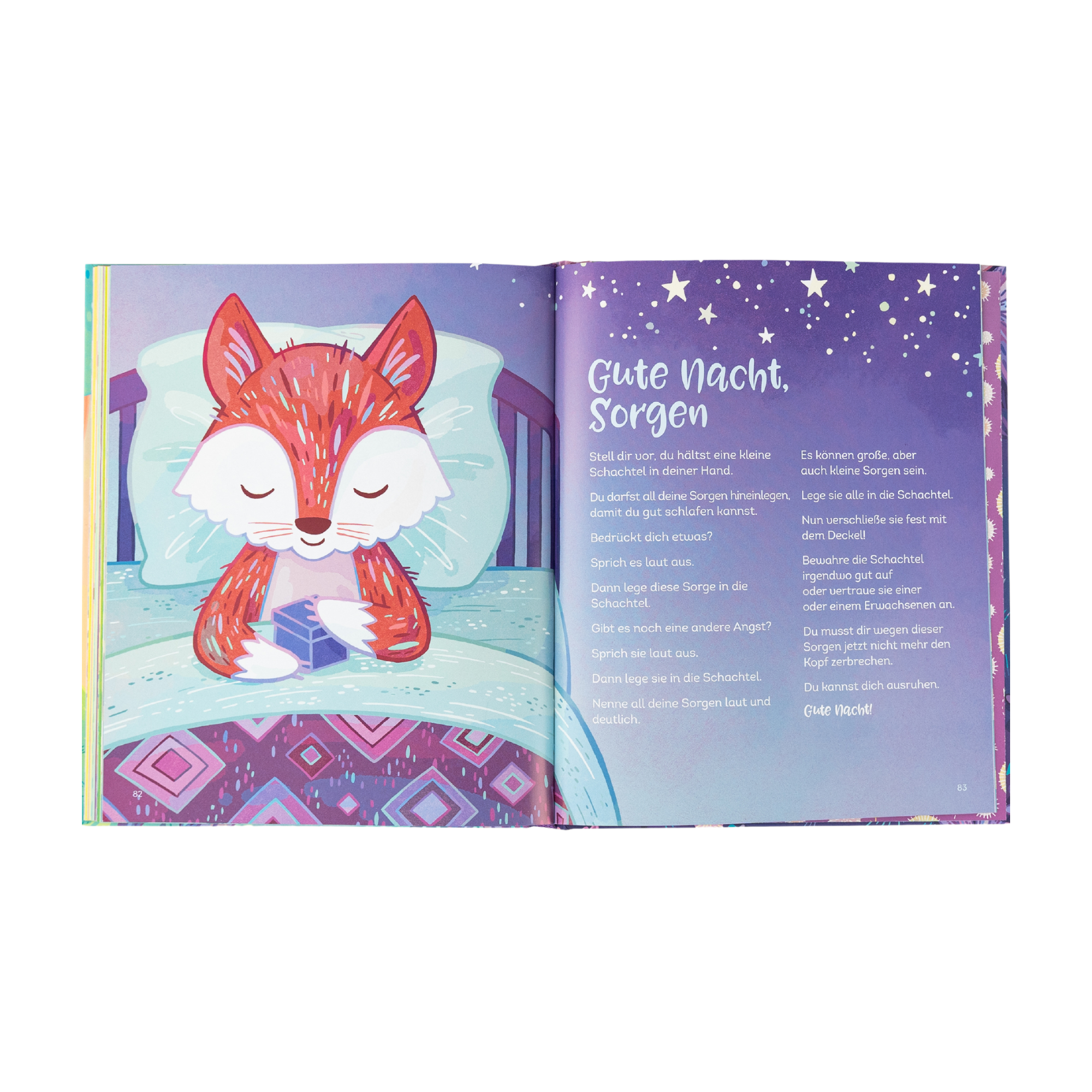 Eine illustrierte "Entspannt wie ein Panda"-Seite von Kira Willey zeigt einen Fuchs im Bett mit einer Schachtel, die Augen geschlossen. Auf der rechten Seite steht "Gute Nacht, Sorgen" auf Lila mit Sternen.