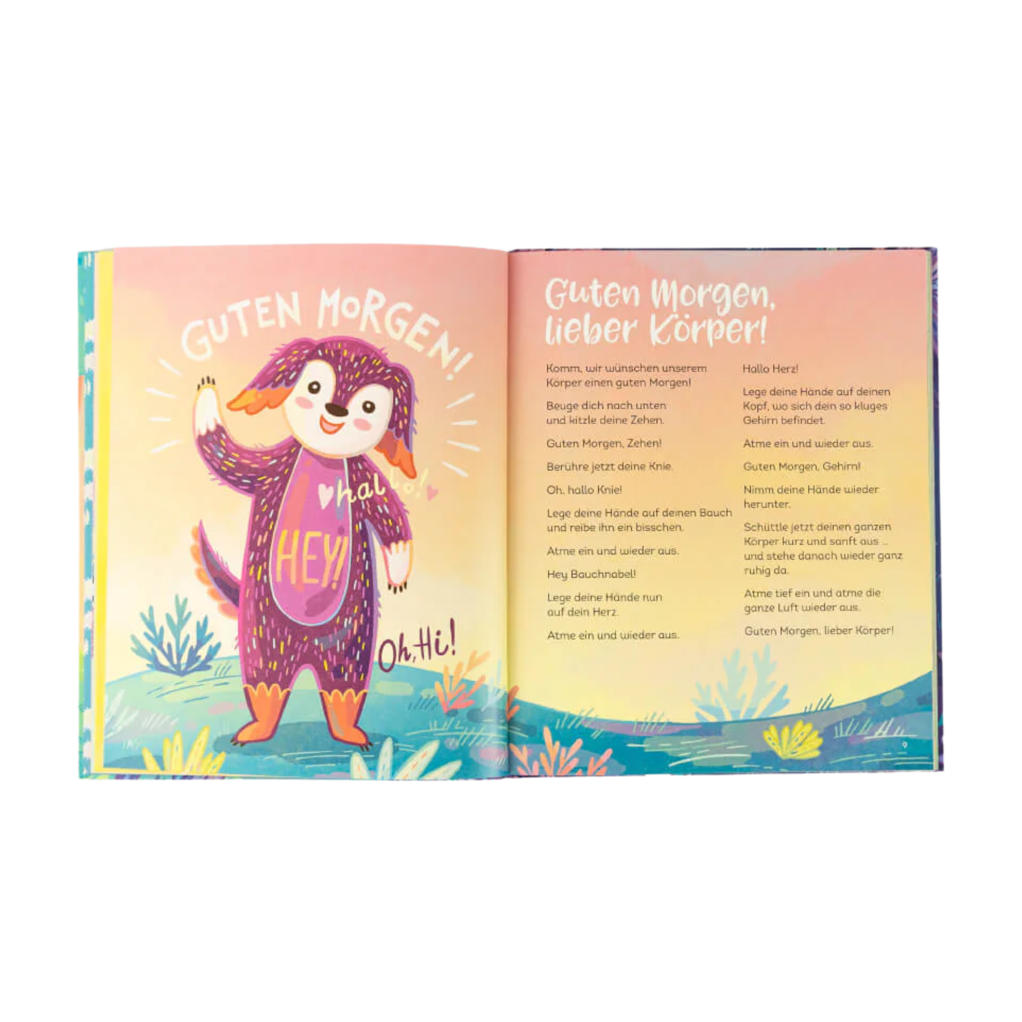 Eine illustrierte Doppelseite aus "Entspannt wie ein Panda" von Kira Willey, mit einem fröhlich winkenden Tier auf der linken, "Guten Morgen!" in Fettschrift und einem farbenfrohen pastellfarbenen Naturhintergrund auf der rechten Seite.