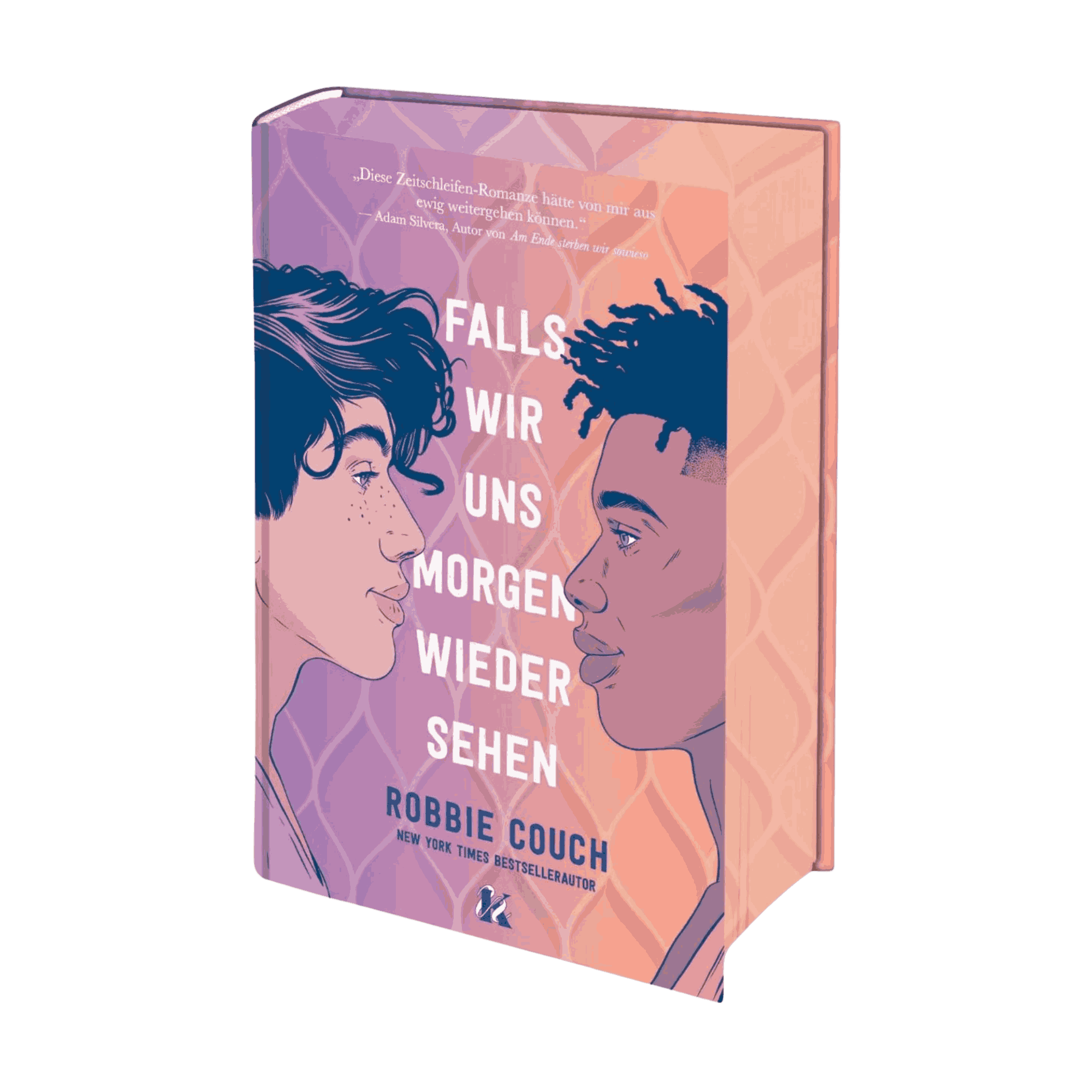 „Falls wir uns morgen wieder sehen“ von Robbie Couch zeigt zwei illustrierte Seitenprofile junger Erwachsener auf einem rosa und lila gemusterten Cover – eine echte Zeitschleifen-Romanze.