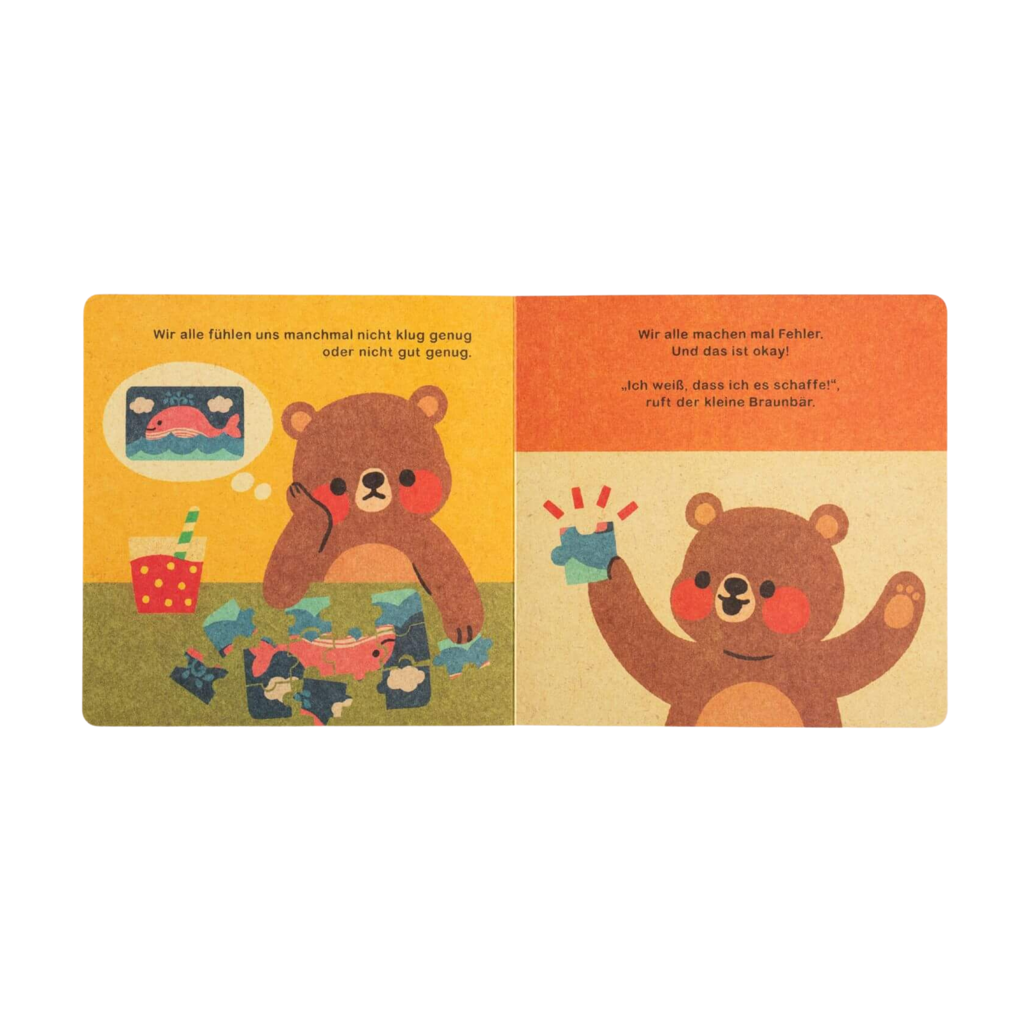 Eine aufgeschlagene Seite aus "Hilfe brauchen ist okay" von Annelies Draws zeigt einen Braunbär, der sich links mit einem Puzzle abmüht und rechts glücklich ein Teil in der Hand hält. Darüber steht ein deutscher Text über Freundschaft und Durchhaltevermögen.