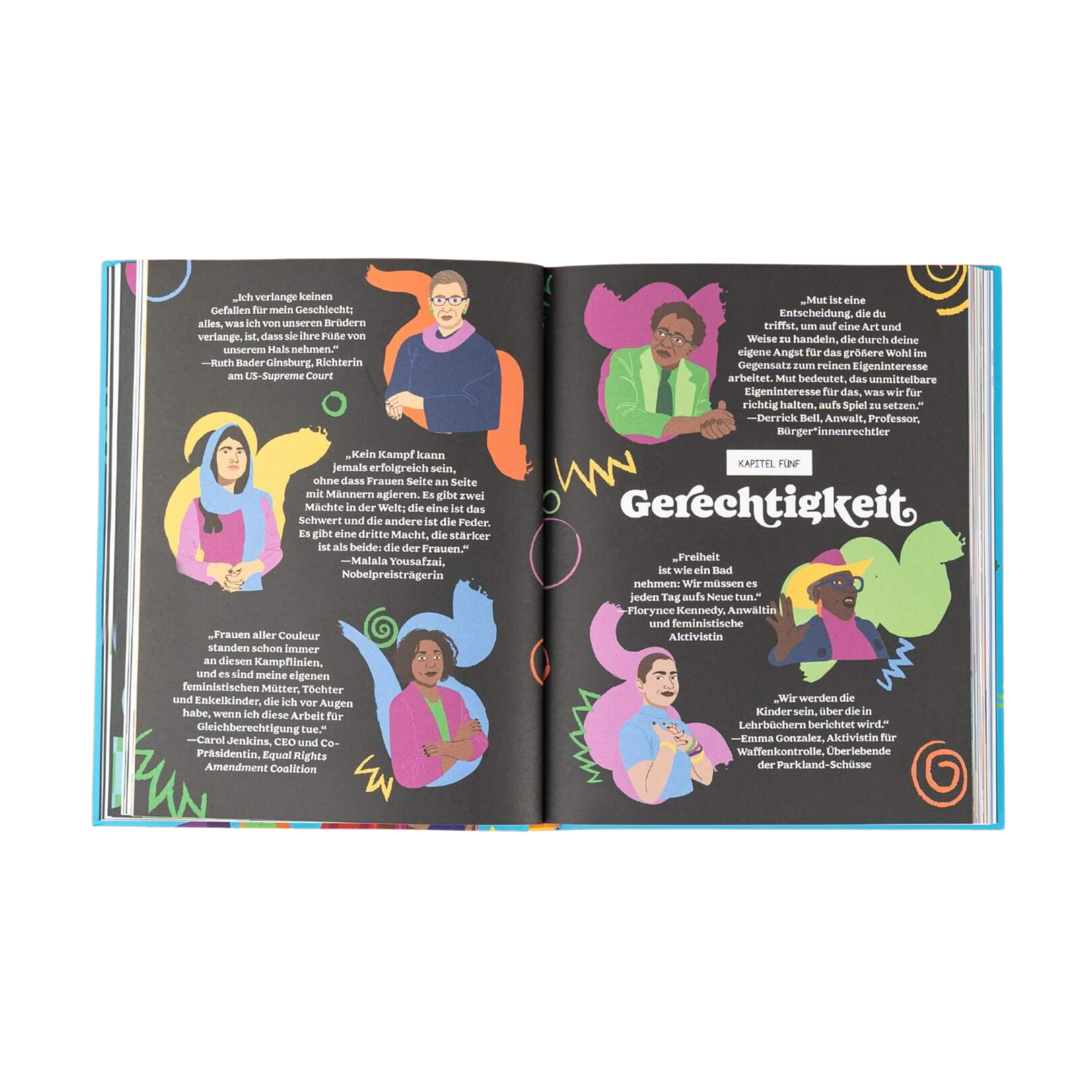 Das Buch vom Feminismus" von Jamia Wilson begeistert mit bunten Illustrationen vielfältiger Frauen, Zitaten zu Gerechtigkeit und einem inspirierenden Kapitel "Fünf: Gerechtigkeit" - ein Beispiel für intersektionalen Feminismus auf schwarzem Hintergrund.