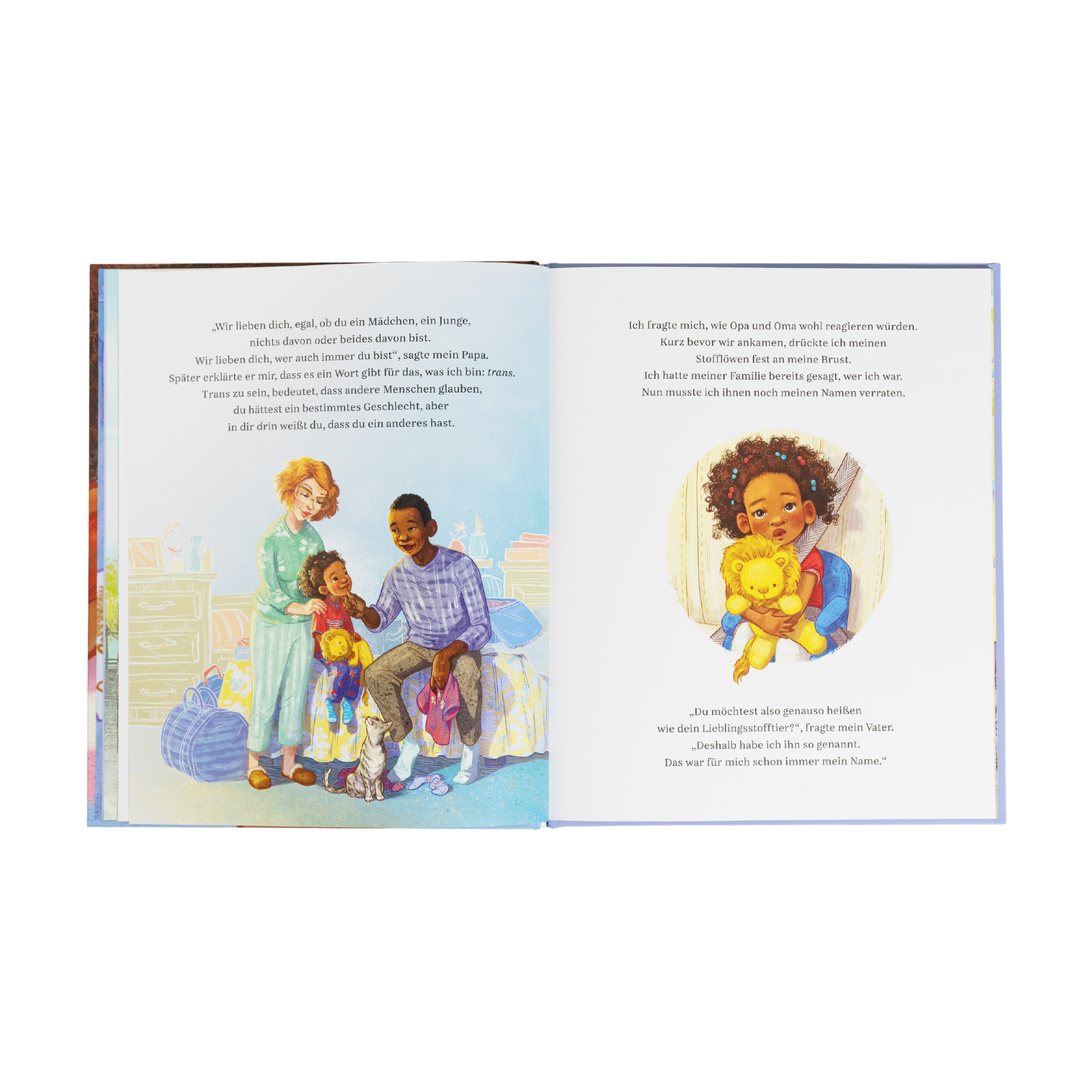 Eine Doppelseite aus dem Bilderbuch „Florian“ von JR Ford & Vanessa Ford zeigt ein liebevolles Elternpaar mit ihrem Kind auf dem Bett, umgeben von Alltagsgegenständen. Das Kind hält einen Stofflöwen im Arm und wirkt nachdenklich. Die rechte Seite zeigt das Kind nochmals in Nahaufnahme mit dem Kuscheltier. Der Text thematisiert Identität und Transsein in einfühlsamer Sprache.