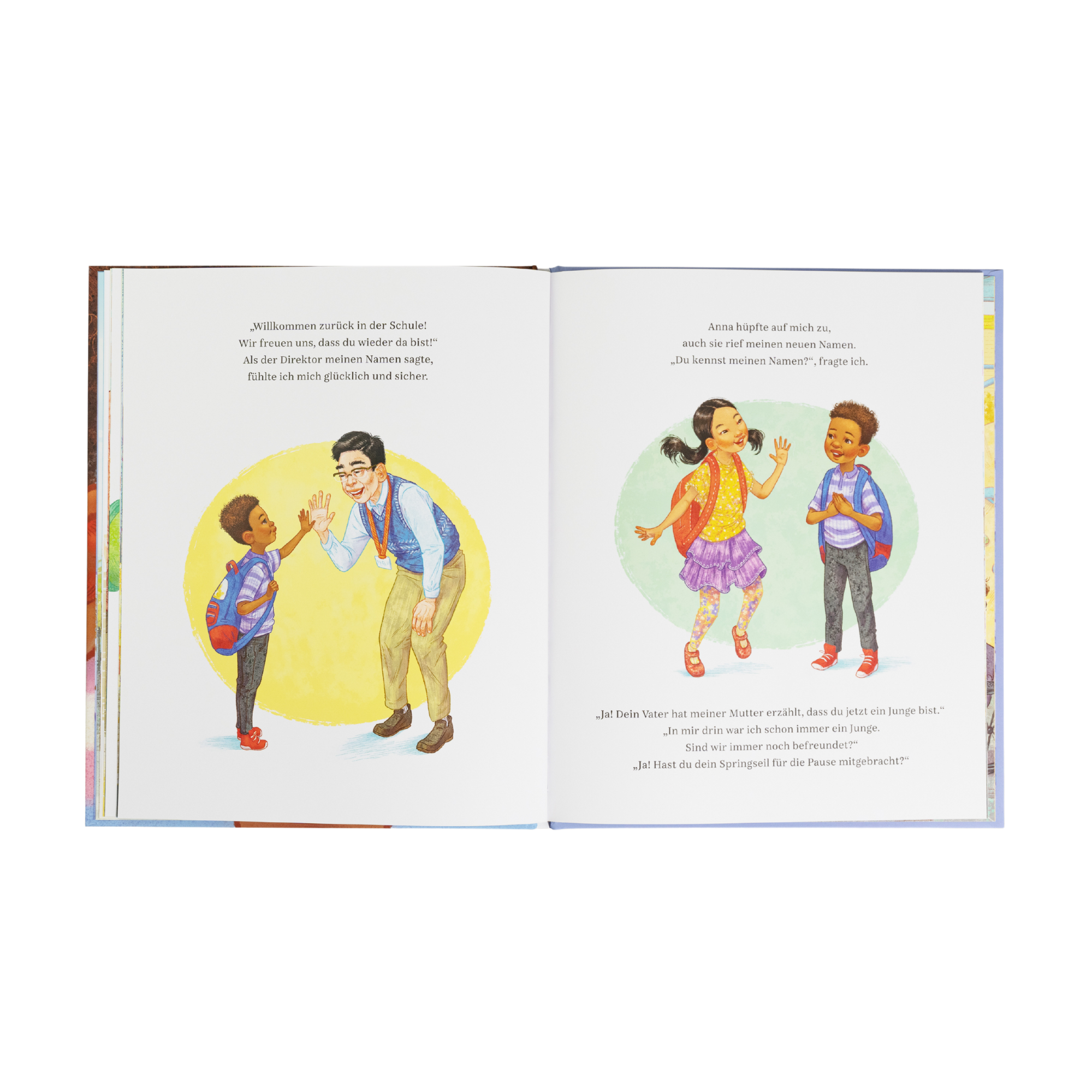 "Florian" von JR Ford & Vanessa Ford ist ein Mutmacherbuch mit farbenfrohen Illustrationen von Kindern mit Rucksäcken, die Trans-Kinder dabei unterstützen, ihre Identität anzunehmen.