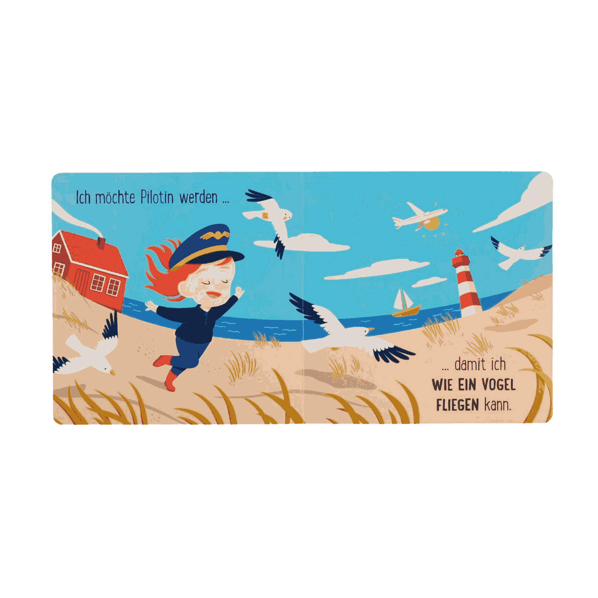 Illustration aus dem Buch „Berufe sind für alle da“ von Susann Hoffmann, aus der Reihe „Freiheit ist für alle da“ vom Zuckersüß Verlag: Ein fröhliches Kind in Pilotenuniform läuft über einen Sandstrand mit Möwen, Leuchtturm und rotem Haus. Am Himmel fliegen Vögel und ein Flugzeug. Die Szene feiert kindliche Vorstellungskraft und die Freiheit, Pilot*in zu werden.