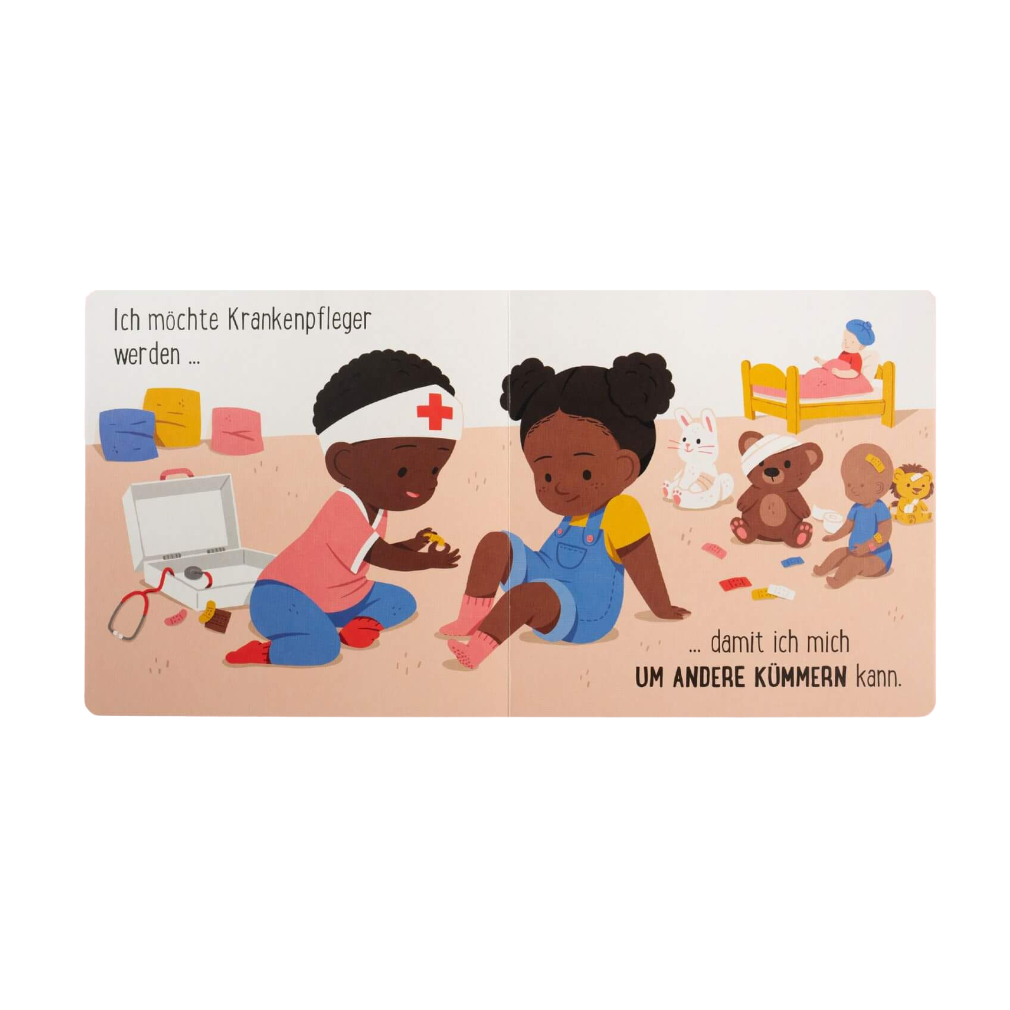 Illustration aus dem Buch „Berufe sind für alle da“ von Susann Hoffmann, aus der Reihe „Freiheit ist für alle da“ vom Zuckersüß Verlag: Zwei Kinder spielen zusammen. Eines trägt ein Stirnband mit rotem Kreuz und verbindet das Bein des anderen. Rundherum liegen medizinisches Spielzeug und Stofftiere, darunter ein Teddy mit Verband. Die Szene zeigt spielerisch Fürsorge und Rollenspiel im Berufskontext.