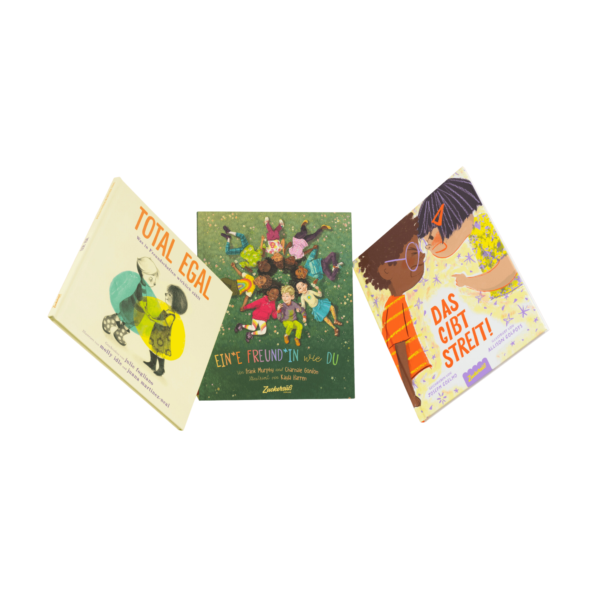 Das Freundschafts Starter Pack des Zuckersüß Verlags enthält drei deutsche Kinderbücher - "Total Egal", "Ein*e Freund*in wie Du" und "Das gibt Streit!". In den Büchern geht es hauptsächlich um Empathie und Konfliktlösung.