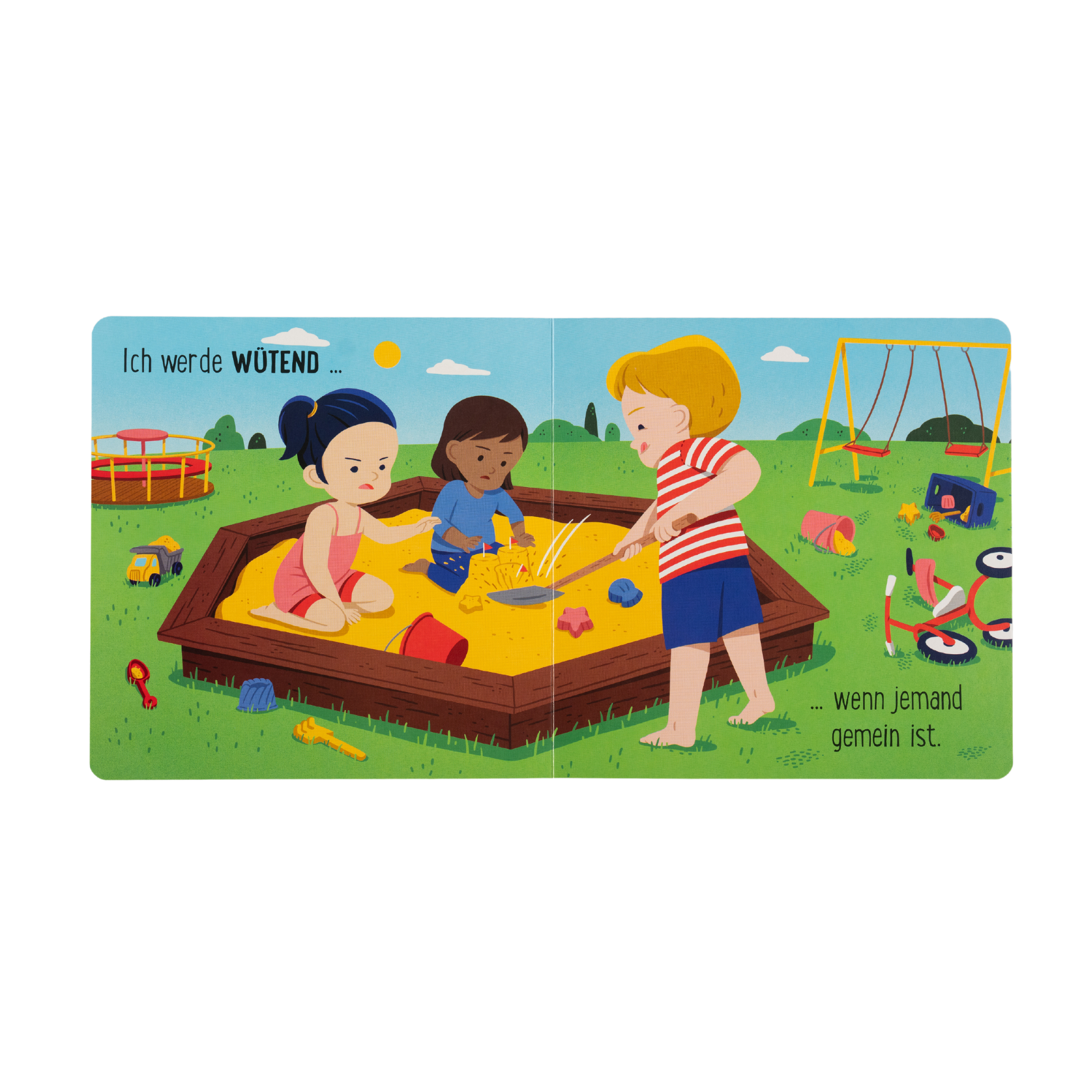 Drei Kinder spielen im Sandkasten – inspiriert vom Buch ‚Gefühle sind für alle da!‘ von Susann Hoffmann. Ein Kind sitzt still, ein anderes buddelt mit der Schaufel, während ein drittes nachdenklich schaut. Spielzeug und Gefühle stehen im Mittelpunkt dieser Szene.