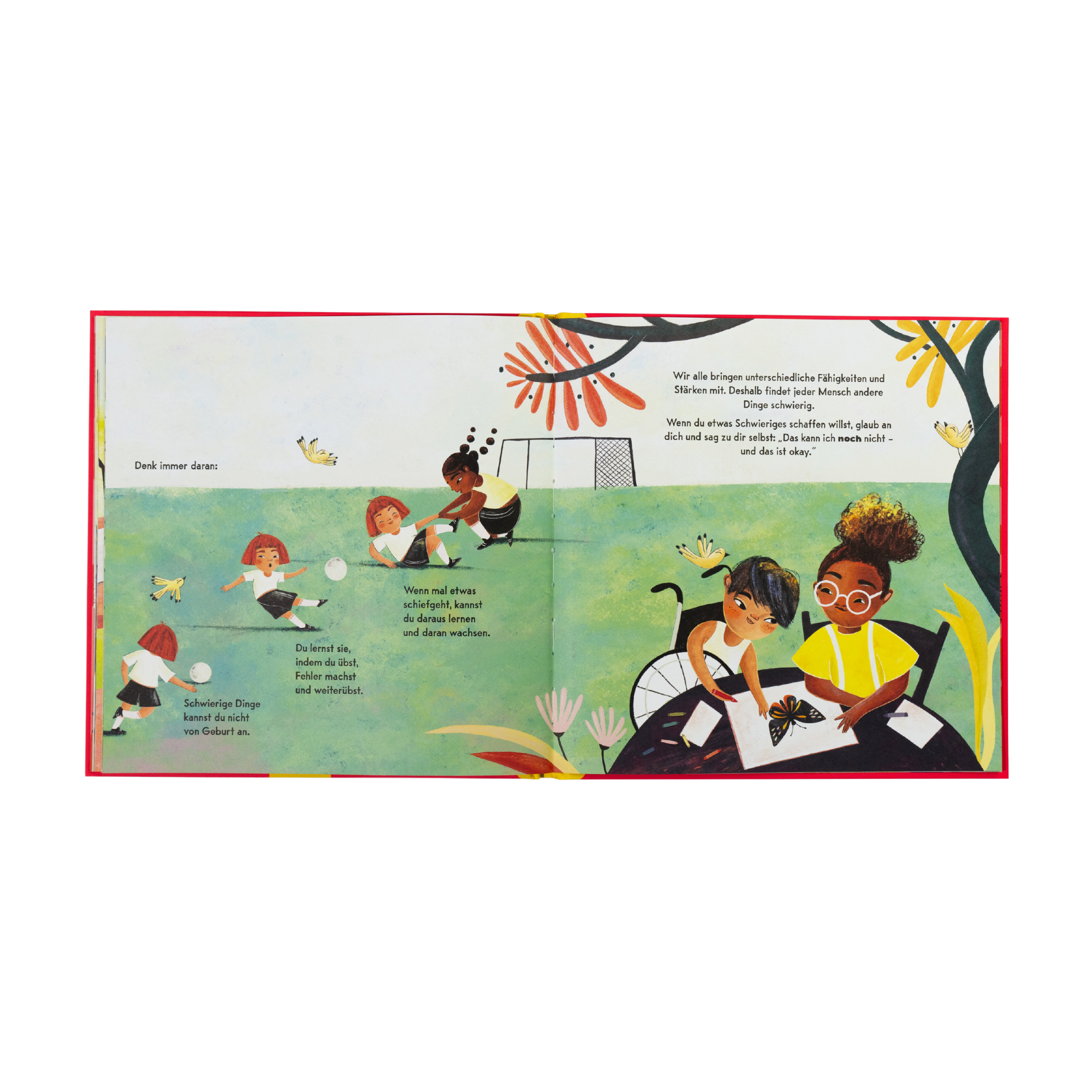 Eine Doppelseite aus „Gib nicht auf!“ von Jessica Sanders zeigt Kinder, die Fußball spielen und mit einem Hund toben, während andere zusammen mit einem Erwachsenen im Rollstuhl auf einer grünen Wiese malen. Auf beiden Seiten ist begleitender Text zu sehen.