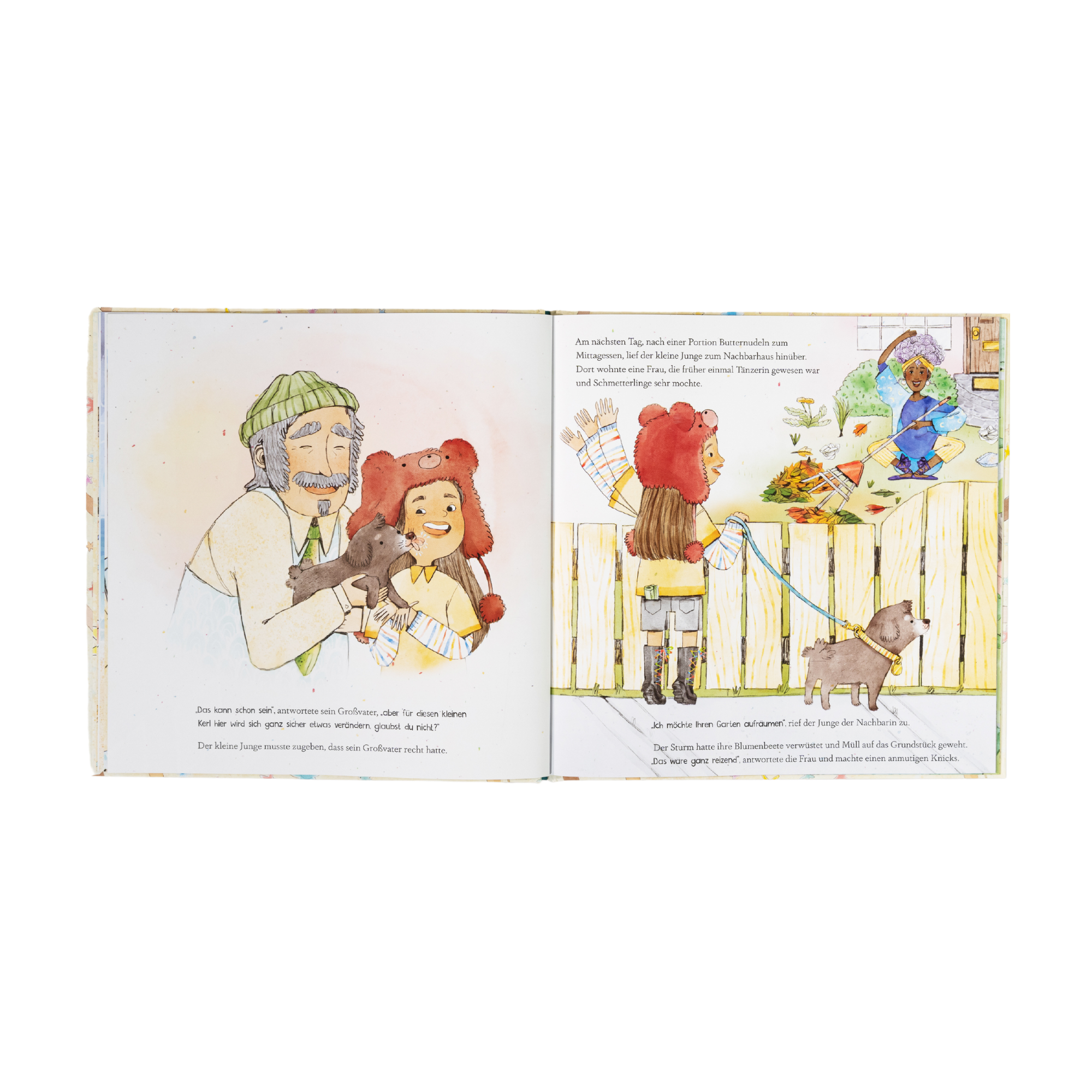 Ein aufgeschlagenes Buch, „Eine gute Tat“ von Christian Trimmer, zeigt eine erwachsene Person, ein Kind mit Bärenmütze und einen Hund. Das Kind überreicht einer weiteren Person hinter einem Zaun einen Brief. Unter den Illustrationen befindet sich ein Text.