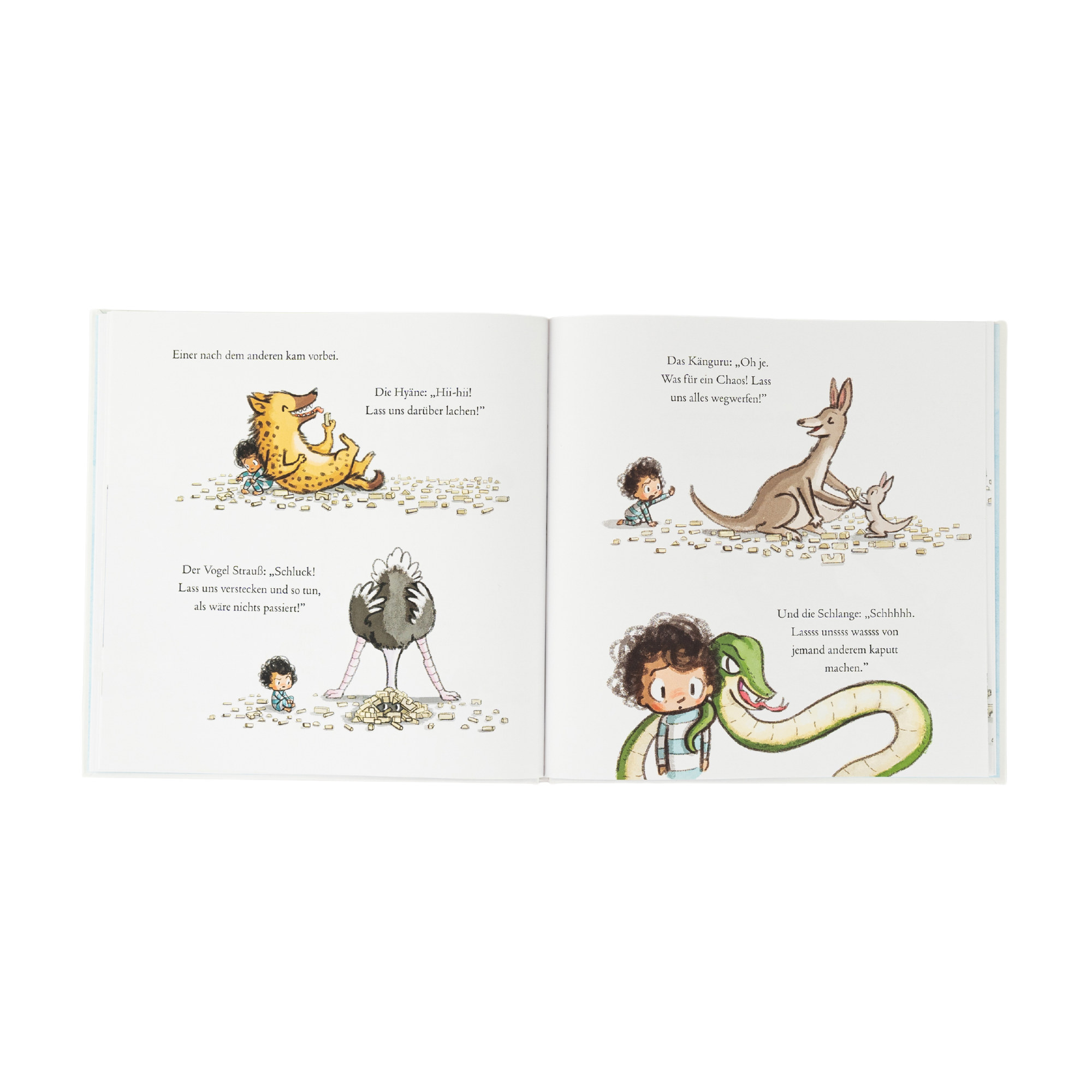 Im offenen Buch „Häschen tröstet“ von Cori Doerrfeld sprechen liebevoll illustrierte Tiere, darunter ein Häschen, mit einem Kind. Um sie liegen Snacks, und auf jeder Seite steht Text.