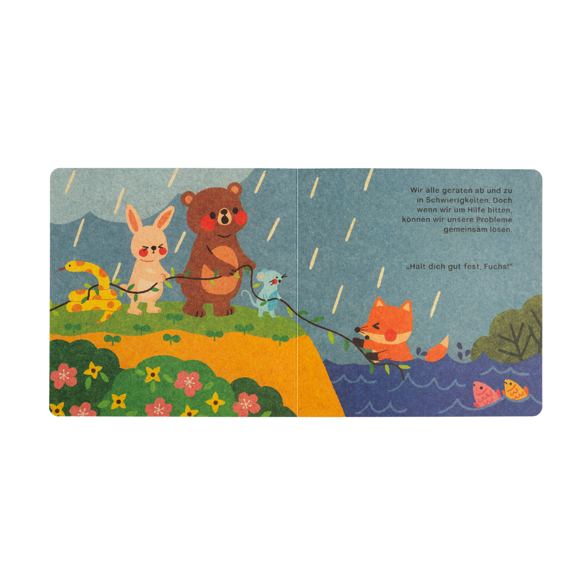 Eine Schlange, ein Kaninchen, ein Bär und eine Maus helfen einem kleinen Fuchs, auf einem grasbewachsenen Hügel aus dem Wasser zu klettern. Die Szene stammt aus dem Buch „Hilfe brauchen ist ok“ von Annelies Draws – mit begleitendem Text auf der rechten Bildhälfte.