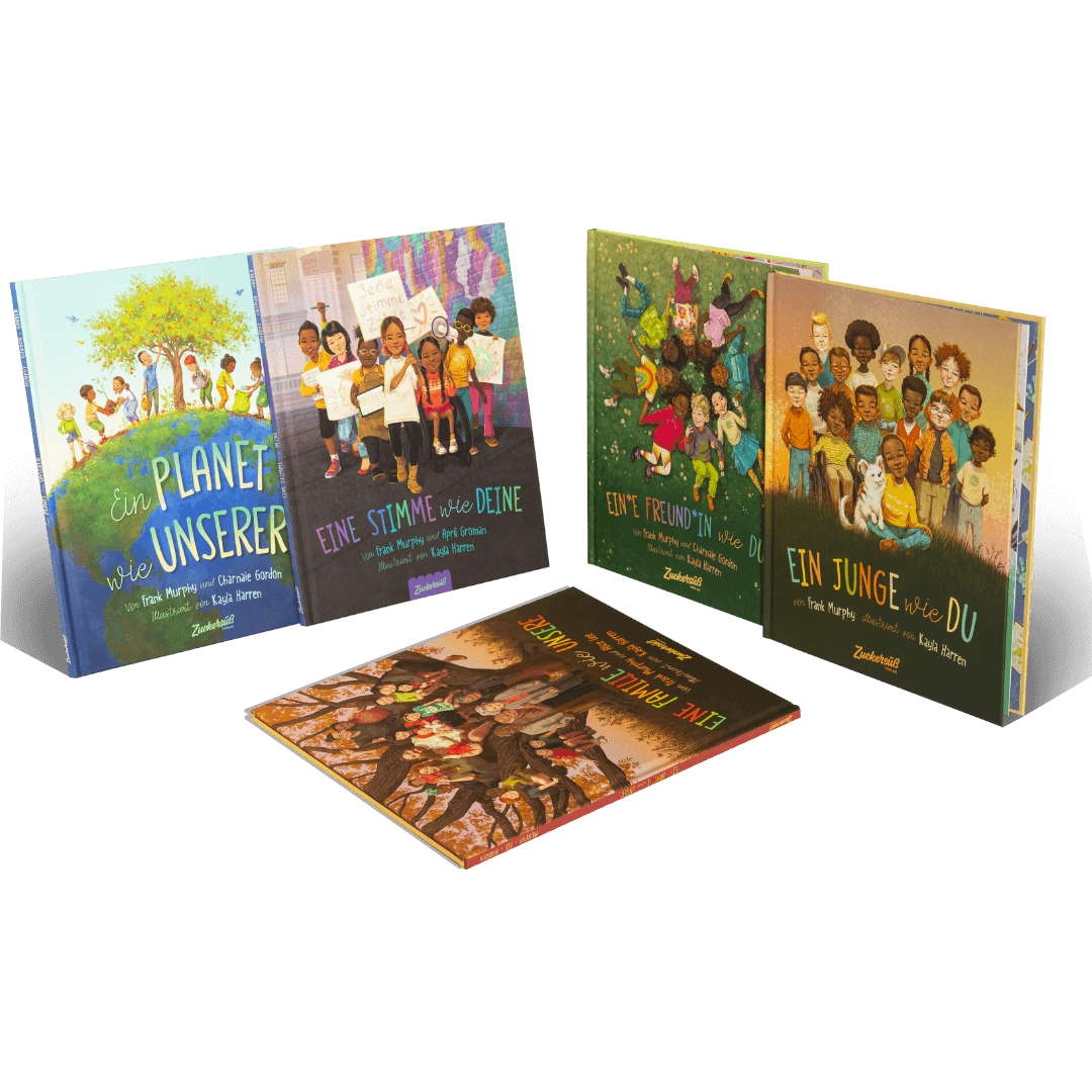 Fünf farbenfrohe "Eine Welt wie diese - Jungs-Kollektion"-Bücher aus dem Zuckersüß Verlag sind mit illustrierten Einbänden versehen, die verschiedene Jungen und Titel über Freundschaft, Selbstdarstellung und Individualität zeigen.