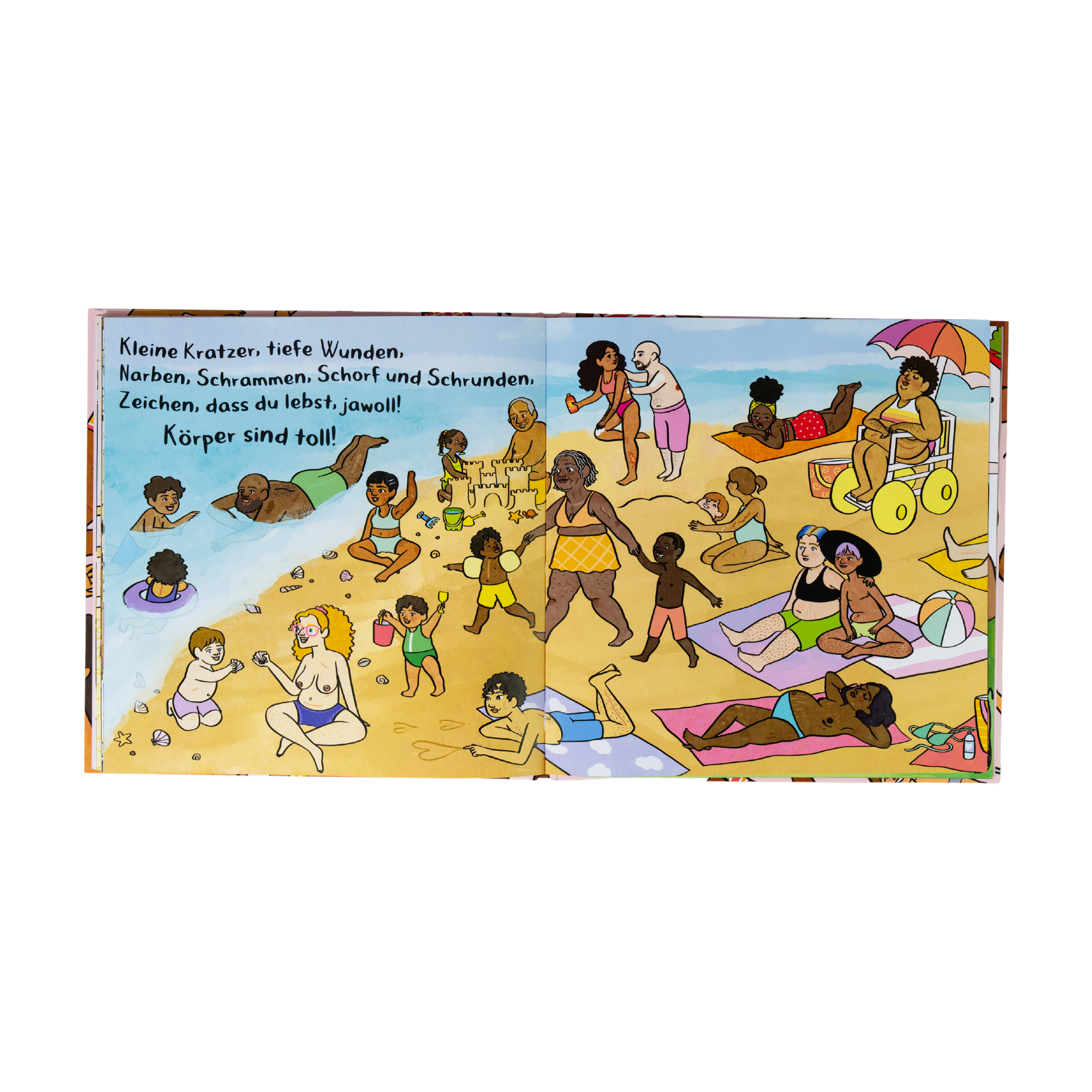 Doppelseite aus dem Buch „Körper sind toll“ von Tyler Feder: Eine bunte Strandszene zeigt Menschen aller Altersgruppen, Hautfarben, Körperformen und Fähigkeiten beim Schwimmen, Spielen, Sandburgenbauen oder Sonnenbaden. Narben, Dehnungsstreifen, Prothesen und Rollstühle unterstreichen die Vielfalt. Der Text auf der Seite feiert Körper als Zeichen gelebten Lebens.
