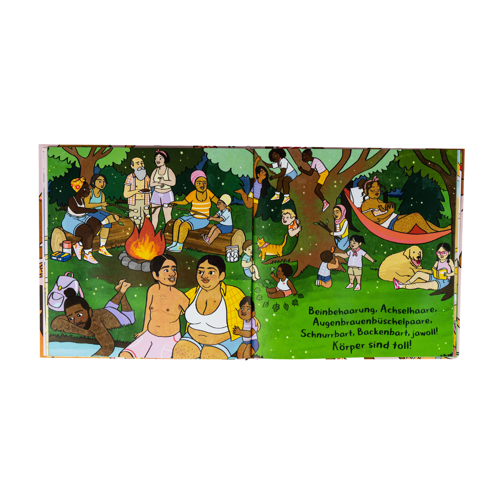 Illustration aus "Körper sind toll" von Tyler Feder: Menschen mit vielfältigen Körperformen, Hautfarben und Frisuren verbringen gemeinsam Zeit im Freien – beim Lagerfeuer, Klettern, Schwimmen oder Entspannen in der Hängematte. Der Text feiert Körpervielfalt mit dem Satz: „Körper sind toll!“