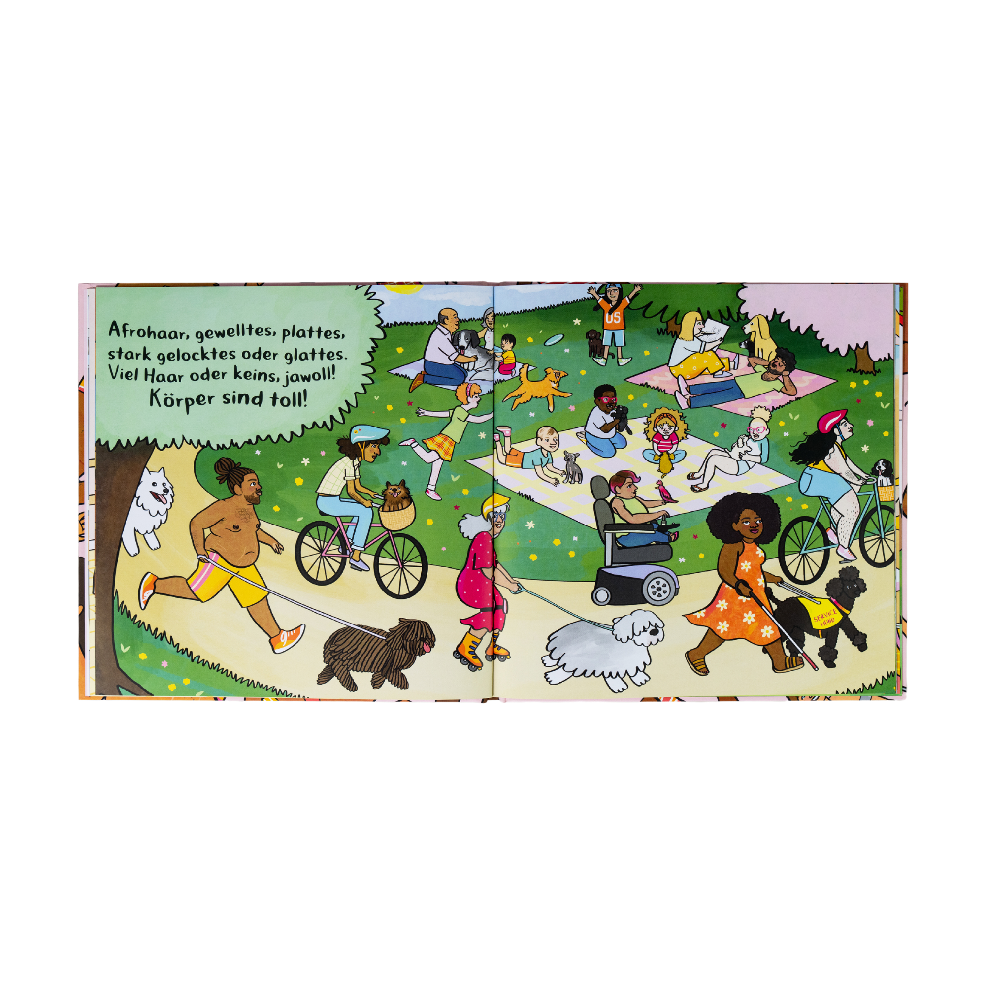 Illustration für "Körper sind toll" von Tyler Feder: eine abwechslungsreiche Parkszene mit Menschen bei verschiedenen Aktivitäten, die unterschiedliche Körpertypen und Körperwahrnehmung zelebrieren. Text fördert Selbstbewusstsein. Bäume und blauer Himmel im Hintergrund.