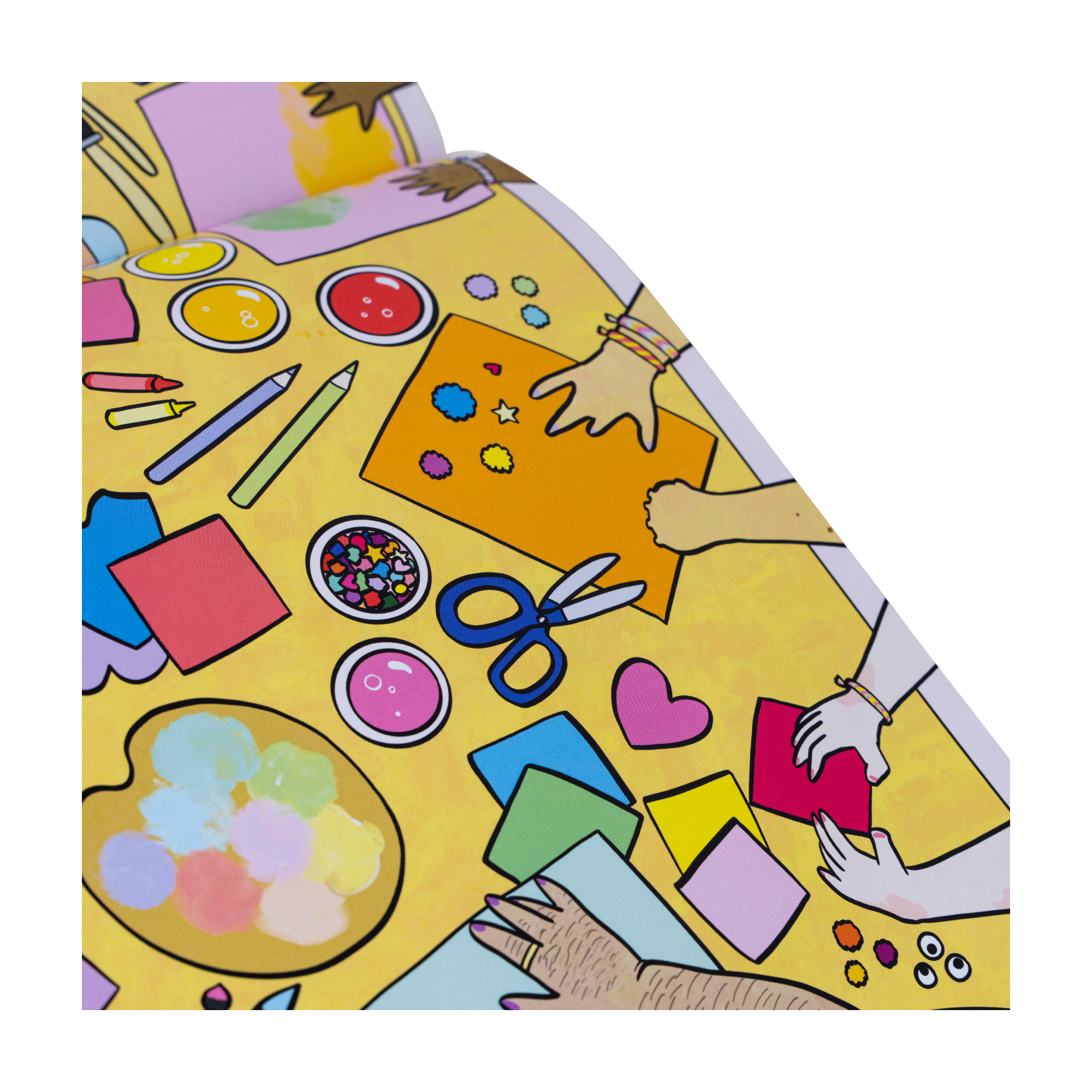 Eine illustrierte Szene aus "Körper sind toll" von Tyler Feder zeigt verschiedene Hände, die mit Schere, Papier, Farbe, Kleber, Perlen und Buntstiften auf einer gelben Tischplatte basteln.