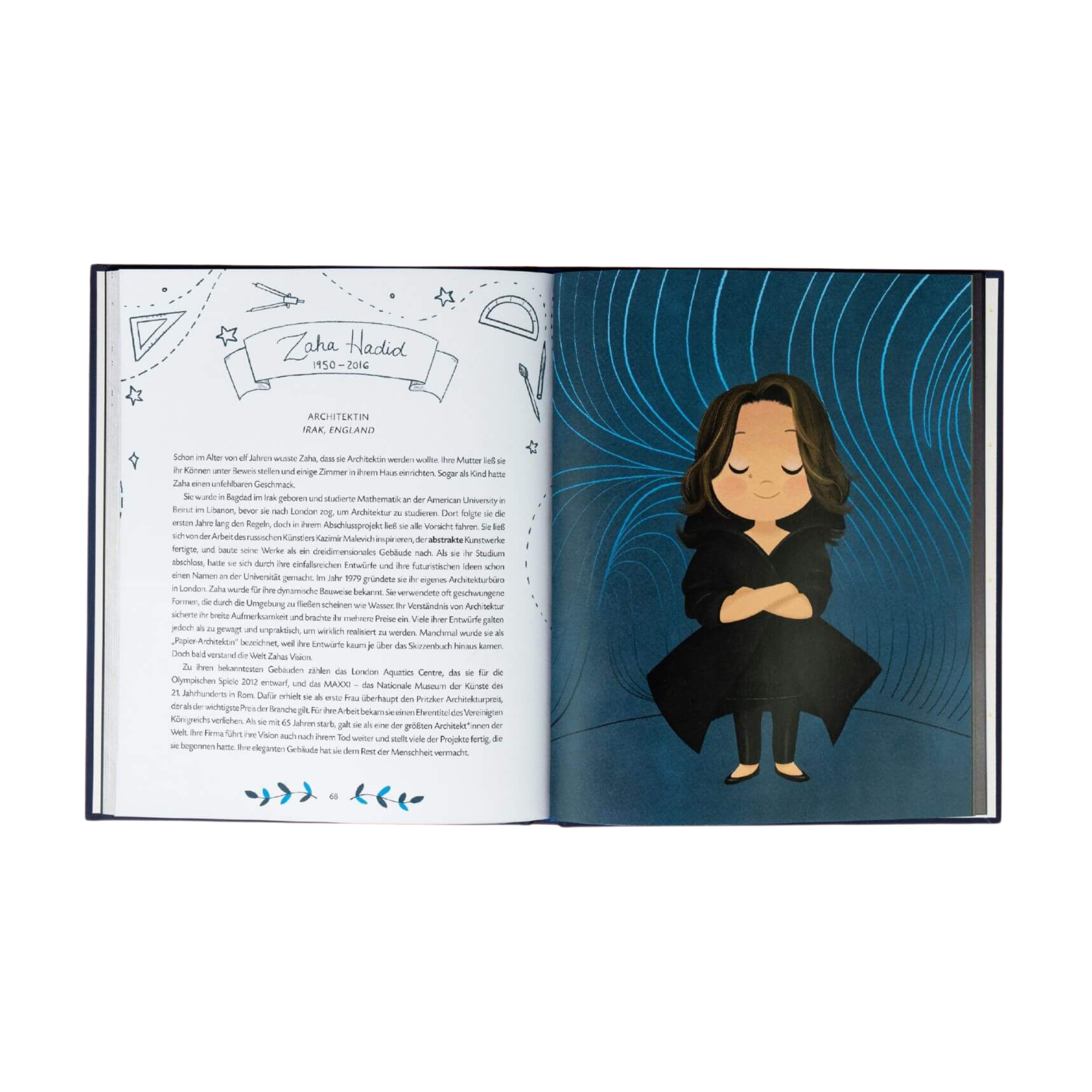 Eine aufgeschlagene Seite aus „Little Dreamers“ von Vashti Harrison zeigt links einen Text über Zaha Hadid und rechts eine illustrierte Frau in einem schwarzen Kleid mit geschlossenen Augen vor einem blau gemusterten Hintergrund.