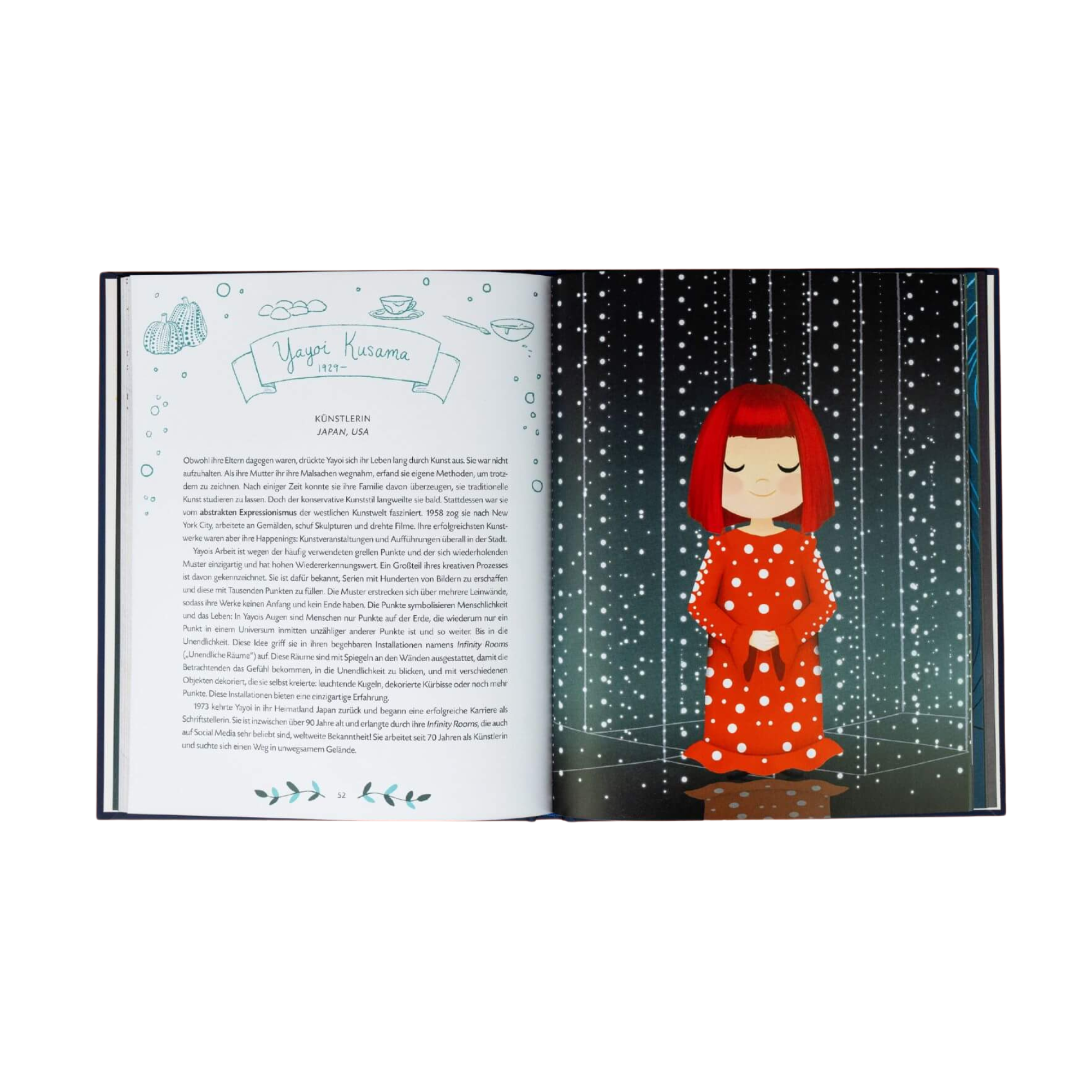 Ein offenes Buch, „Little Dreamers“ von Vashti Harrison, zeigt eine illustrierte Geschichte außergewöhnlicher Frauen. Eine Seite zeigt einen Text mit Teetassen und Wolken; die andere zeigt ein Kind in einem roten Kleid mit Punkten.