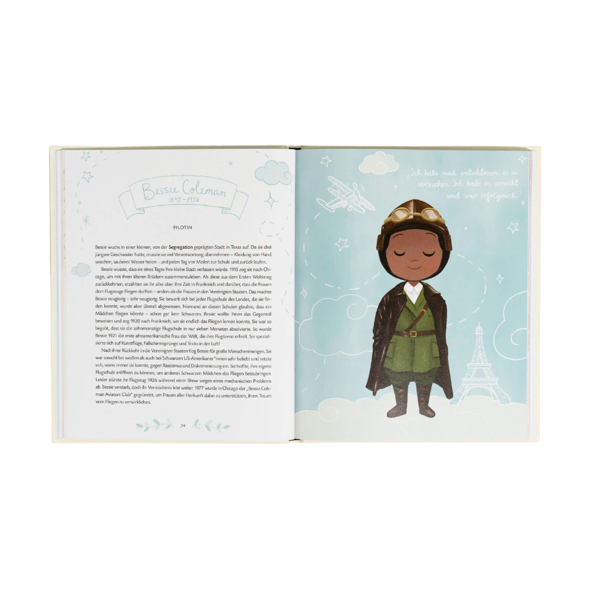Eine aufgeschlagene Doppelseite aus "Little Leaders" von Vashti Harrison, mit einer Biografie von Bessie Coleman auf rechten Seite.