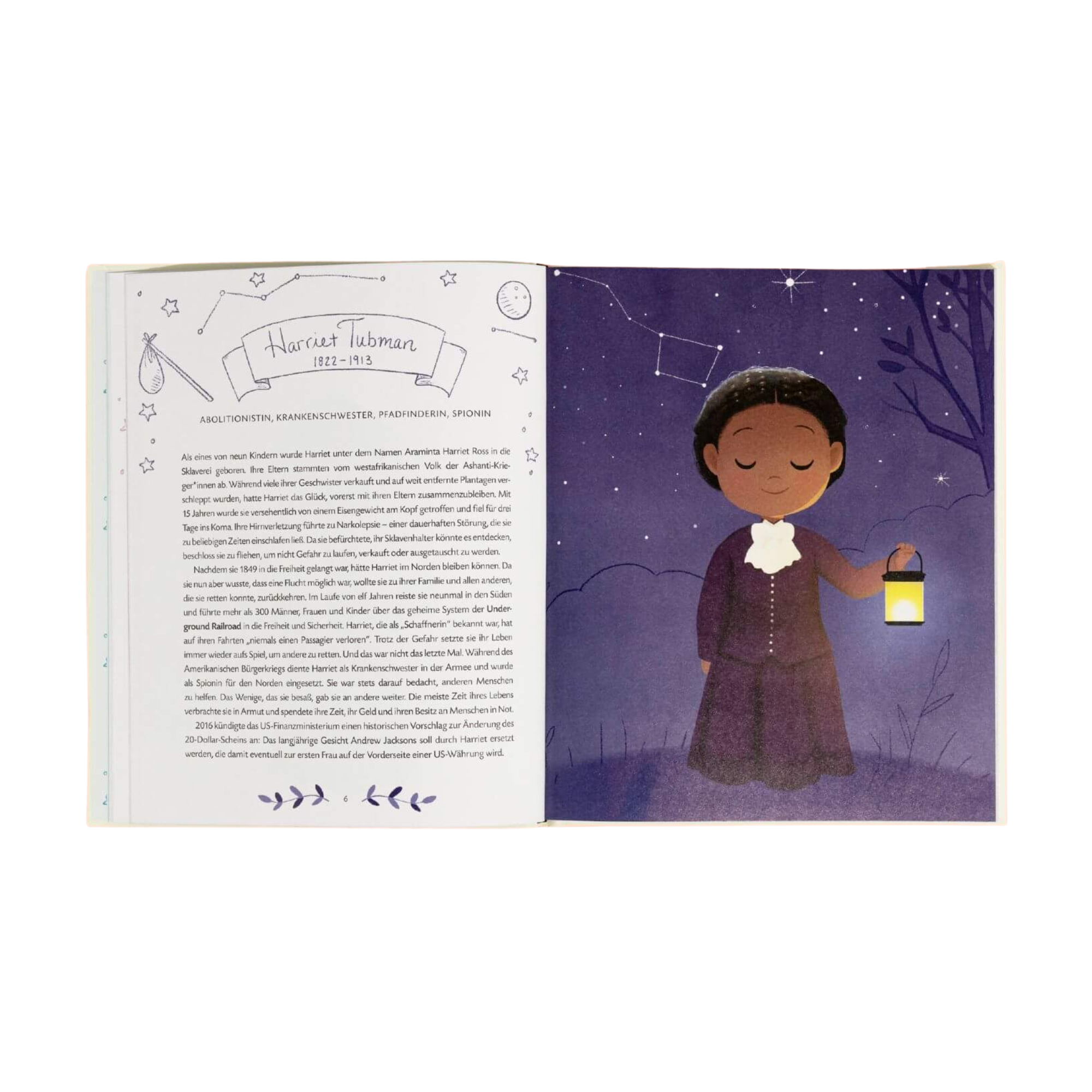 Ein aufgeschlagenes Exemplar von "Little Leaders" von Vashti Harrison zeigt links eine Biografie von Harriet Tubman und eine Illustration von ihr mit einer Laterne unter dem nächtlichen Sternenhimmel mit dem Großen Wagen darüber.