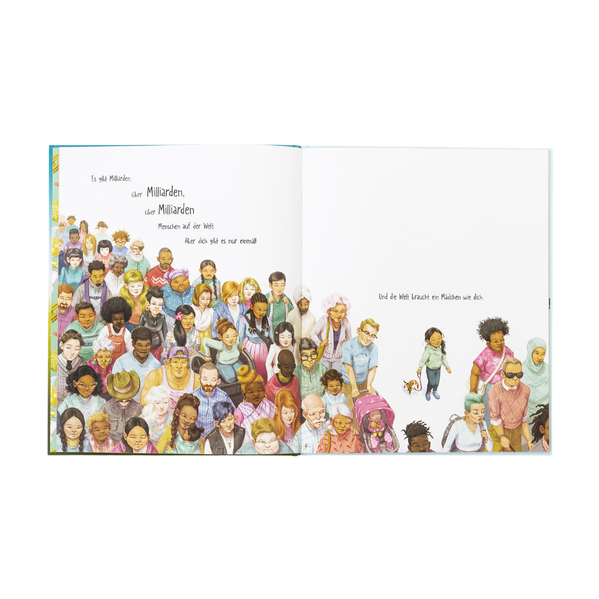 Eine farbenfrohe Doppelseite aus "Ein Mädchen wie du" von Frank & Carla Murphy zeigt ein Kind inmitten einer bunten, lächelnden Menge. Auf der linken Seite ist ein Text in die Szene integriert, auf der rechten Seite steht der Text auf einem schlichten weißen Hintergrund.