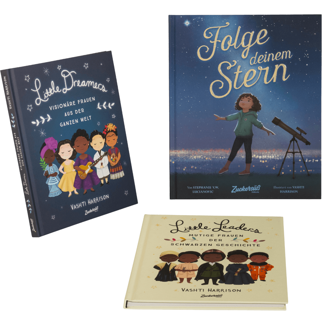 Das Magic Dreamer Set des Zuckersüß Verlags zeigt drei deutsche Kinderbücher: zwei hochkant, eines flach. Die Cover zeigen verschiedene Mädchen und Sternenhimmel - inspirierende Bücher für Mädchen und beeindruckende Vorbilder.